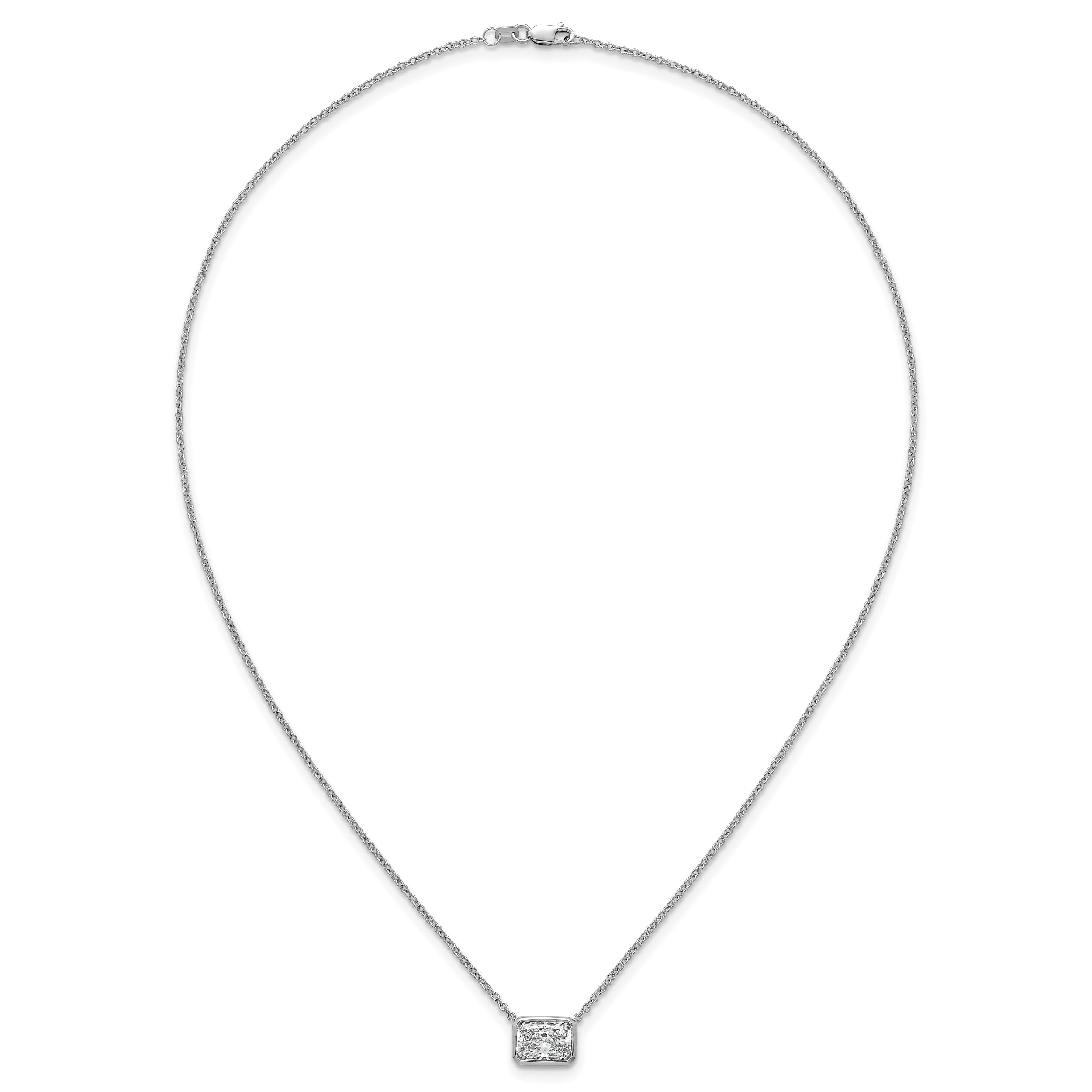 14k White Gold 2 1/2 carat Certified Lab Grown Diamond VS+ F+ Radiant Complete 18 inch Bezel Set Solitaire Necklace