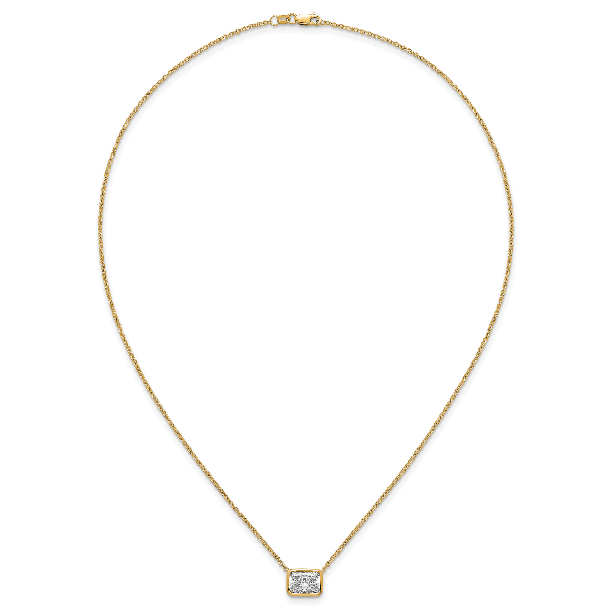 14k 2 1/2 carat Certified Lab Grown Diamond VS+ F+ Radiant Complete 18 inch Bezel Set Solitaire Necklace