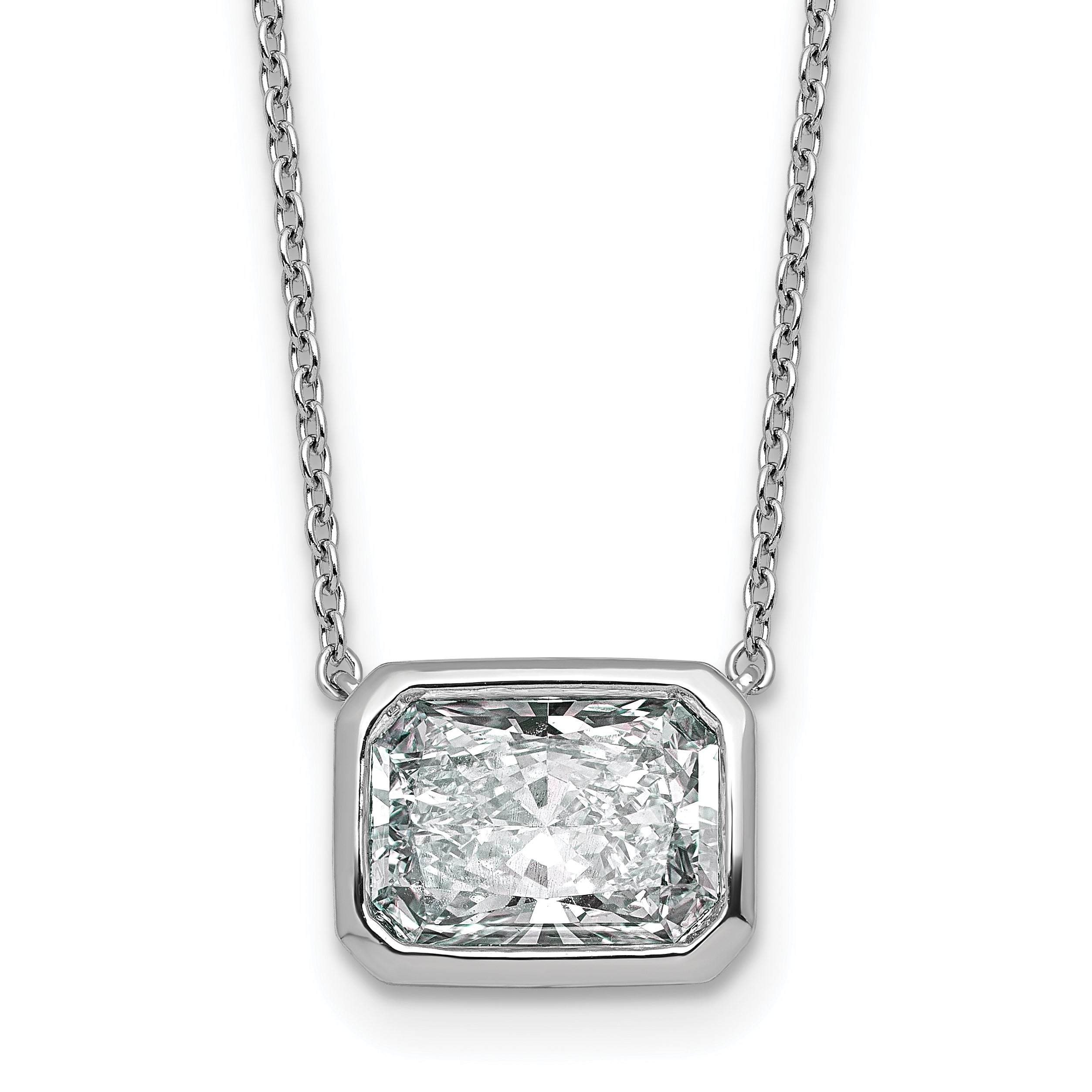 14k White Gold 3 carat Certified Lab Grown Diamond VS+ F+ Radiant Complete 18 inch Bezel Set Solitaire Necklace