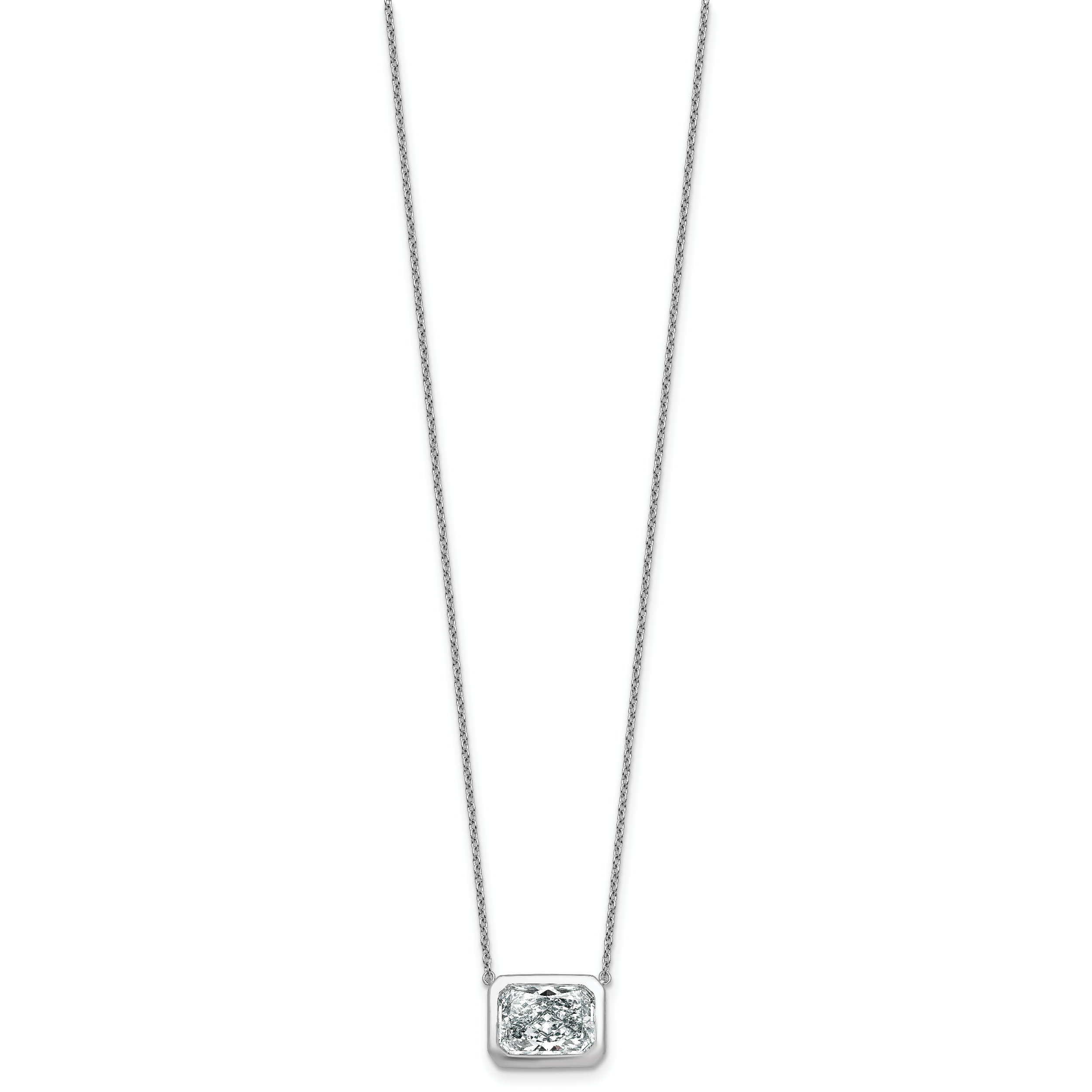 14k White Gold 4 carat Certified Lab Grown Diamond VS+ F+ Radiant Complete 18 inch Bezel Set Solitaire Necklace