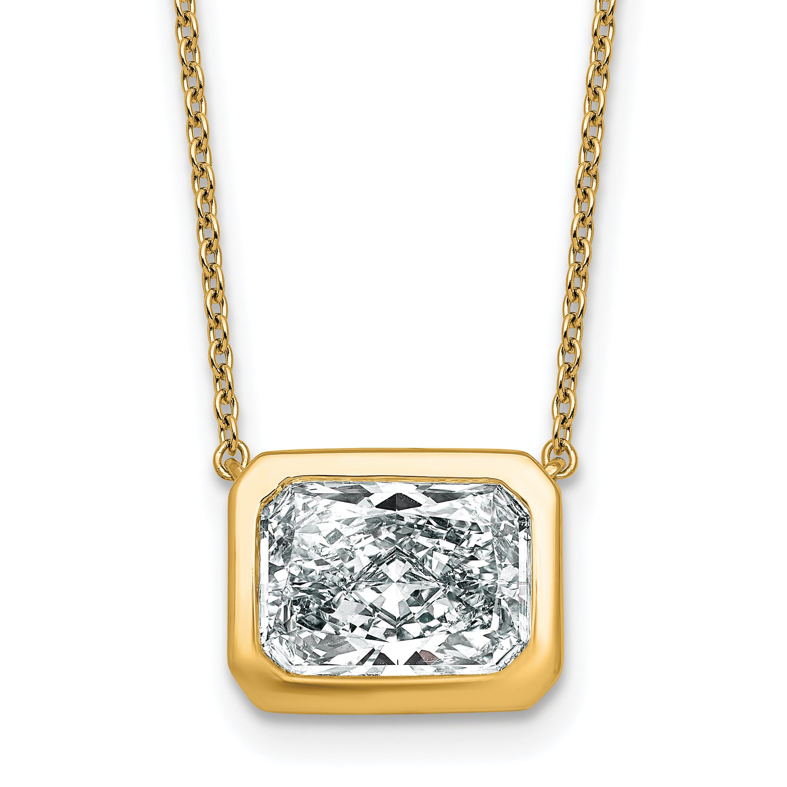14k 4 carat Certified Lab Grown Diamond VS+ F+ Radiant Complete 18 inch Bezel Set Solitaire Necklace