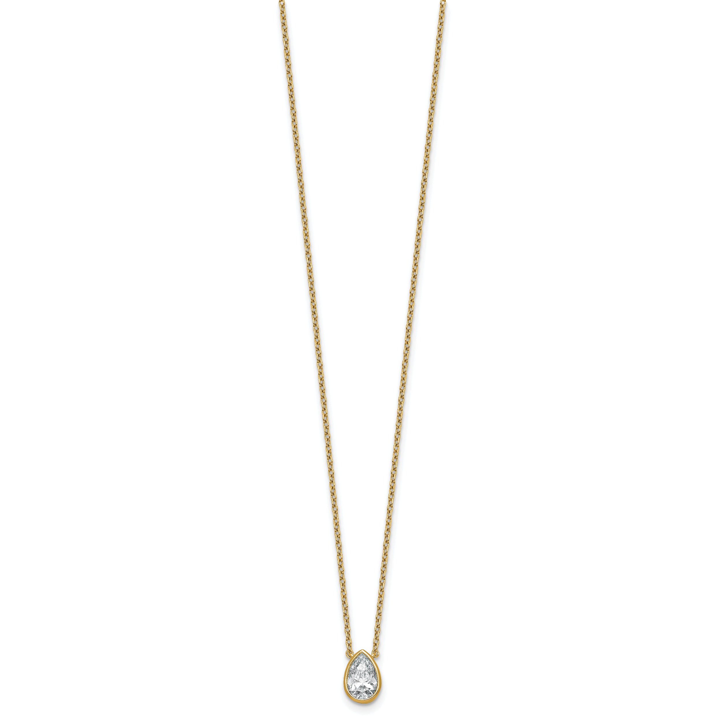 14k 1 carat Certified Lab Grown Diamond VS+ F+ Pear Complete 18 inch Bezel Set Solitaire Necklace