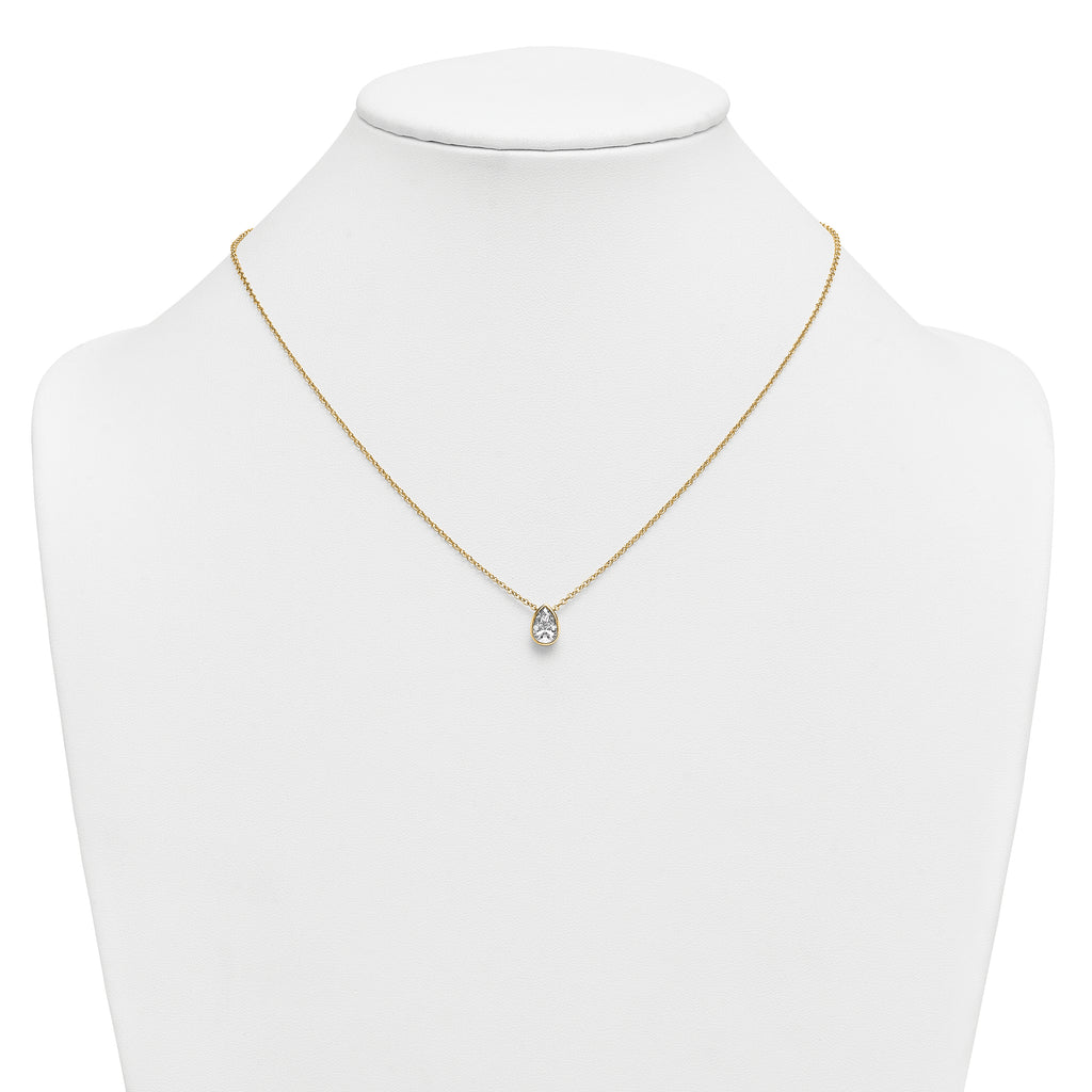 14k 1 carat Certified Lab Grown Diamond VS+ F+ Pear Complete 18 inch Bezel Set Solitaire Necklace