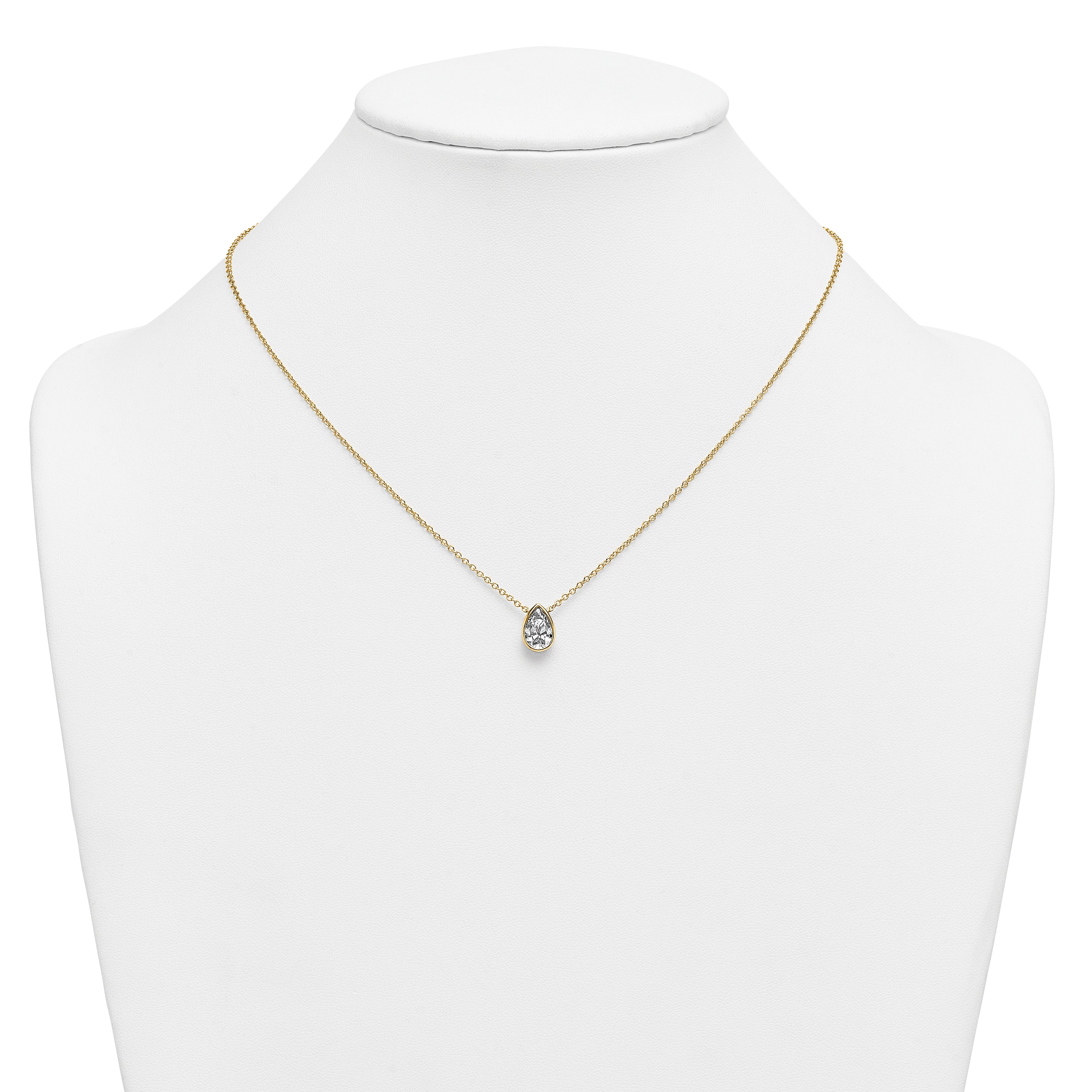 14k 1 1/2 carat Certified Lab Grown Diamond VS+ F+ Pear Complete 18 inch Bezel Set Solitaire Necklace