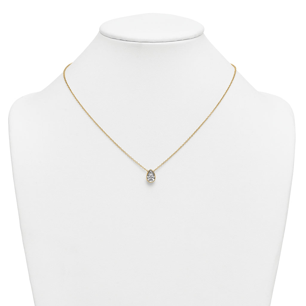 14k 1 1/2 carat Certified Lab Grown Diamond VS+ F+ Pear Complete 18 inch Bezel Set Solitaire Necklace