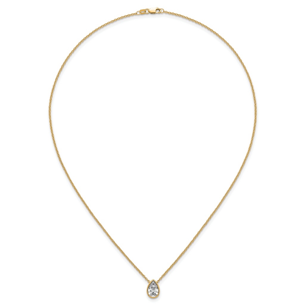 14k 1 1/2 carat Certified Lab Grown Diamond VS+ F+ Pear Complete 18 inch Bezel Set Solitaire Necklace