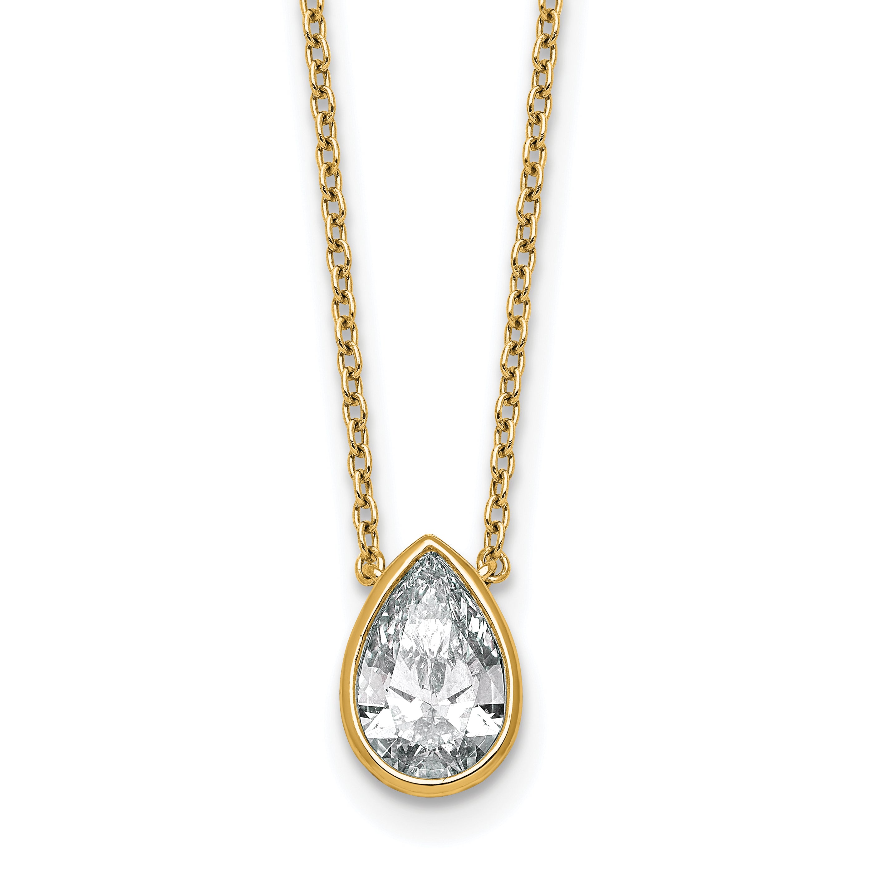 14k 1 1/2 carat Certified Lab Grown Diamond VS+ F+ Pear Complete 18 inch Bezel Set Solitaire Necklace