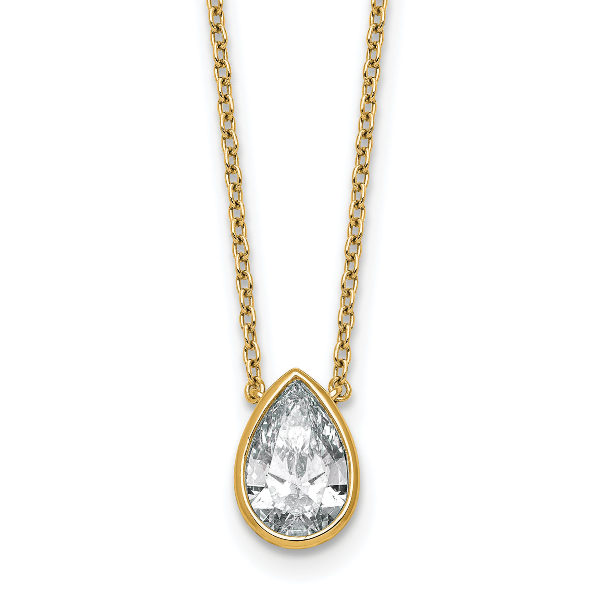 14k 1 1/2 carat Certified Lab Grown Diamond VS+ F+ Pear Complete 18 inch Bezel Set Solitaire Necklace