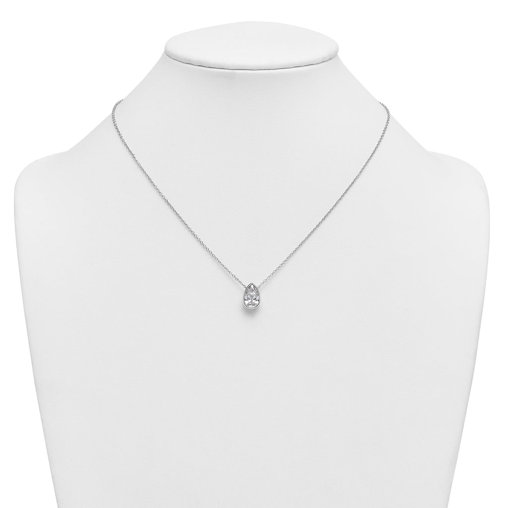 14k White Gold 2 1/2 carat Certified Lab Grown Diamond VS+ F+ Pear Complete 18 inch Bezel Set Solitaire Necklace