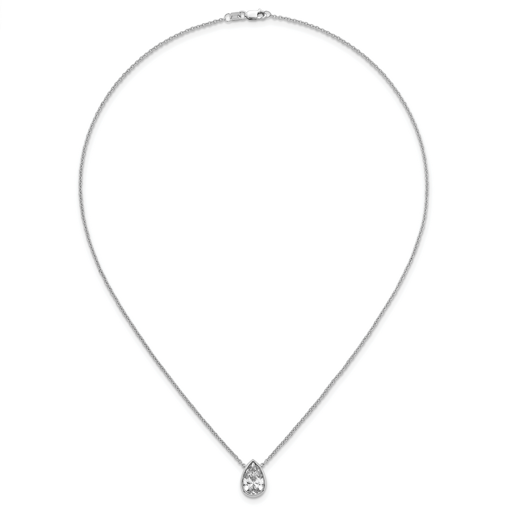 14k White Gold 2 1/2 carat Certified Lab Grown Diamond VS+ F+ Pear Complete 18 inch Bezel Set Solitaire Necklace