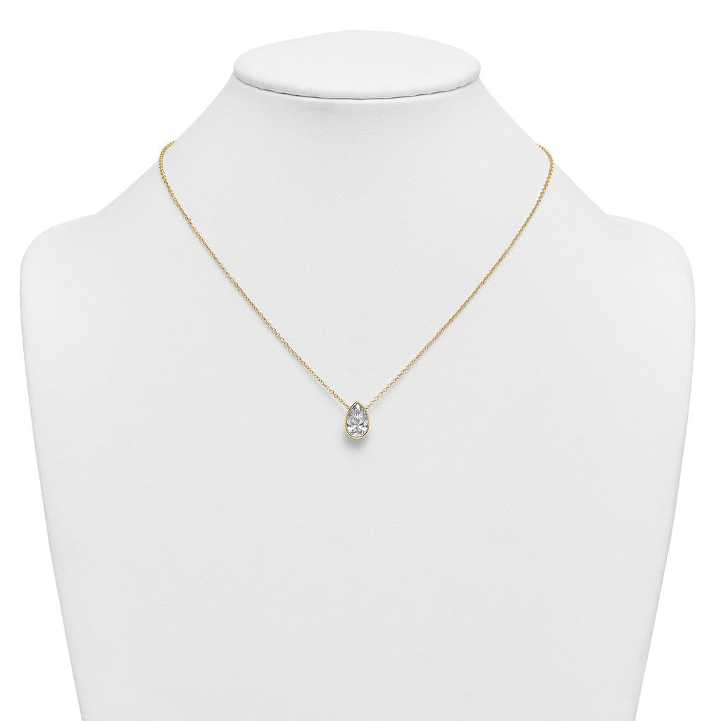 14k 2 1/2 carat Certified Lab Grown Diamond VS+ F+ Pear Complete 18 inch Bezel Set Solitaire Necklace