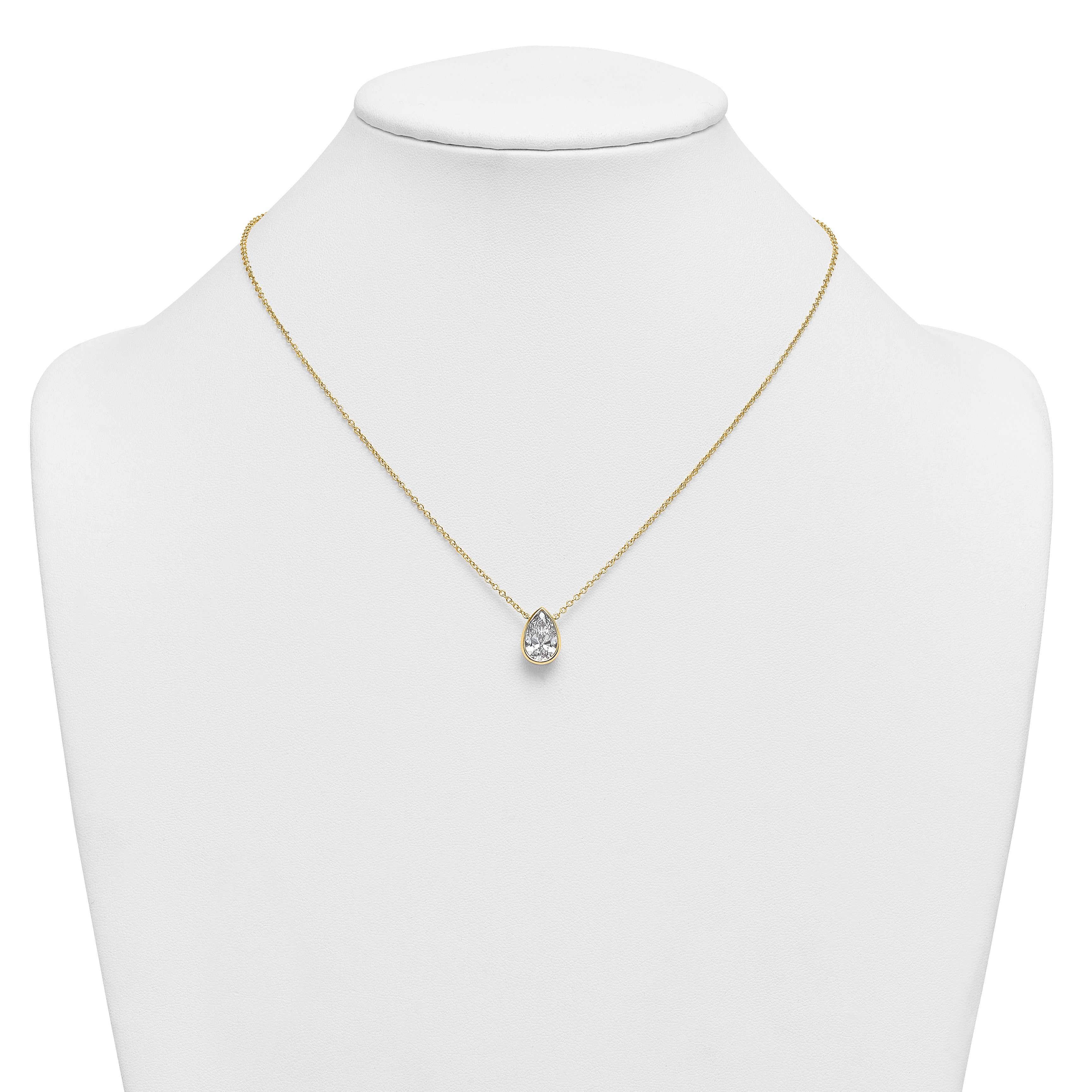 14k 2 1/2 carat Certified Lab Grown Diamond VS+ F+ Pear Complete 18 inch Bezel Set Solitaire Necklace