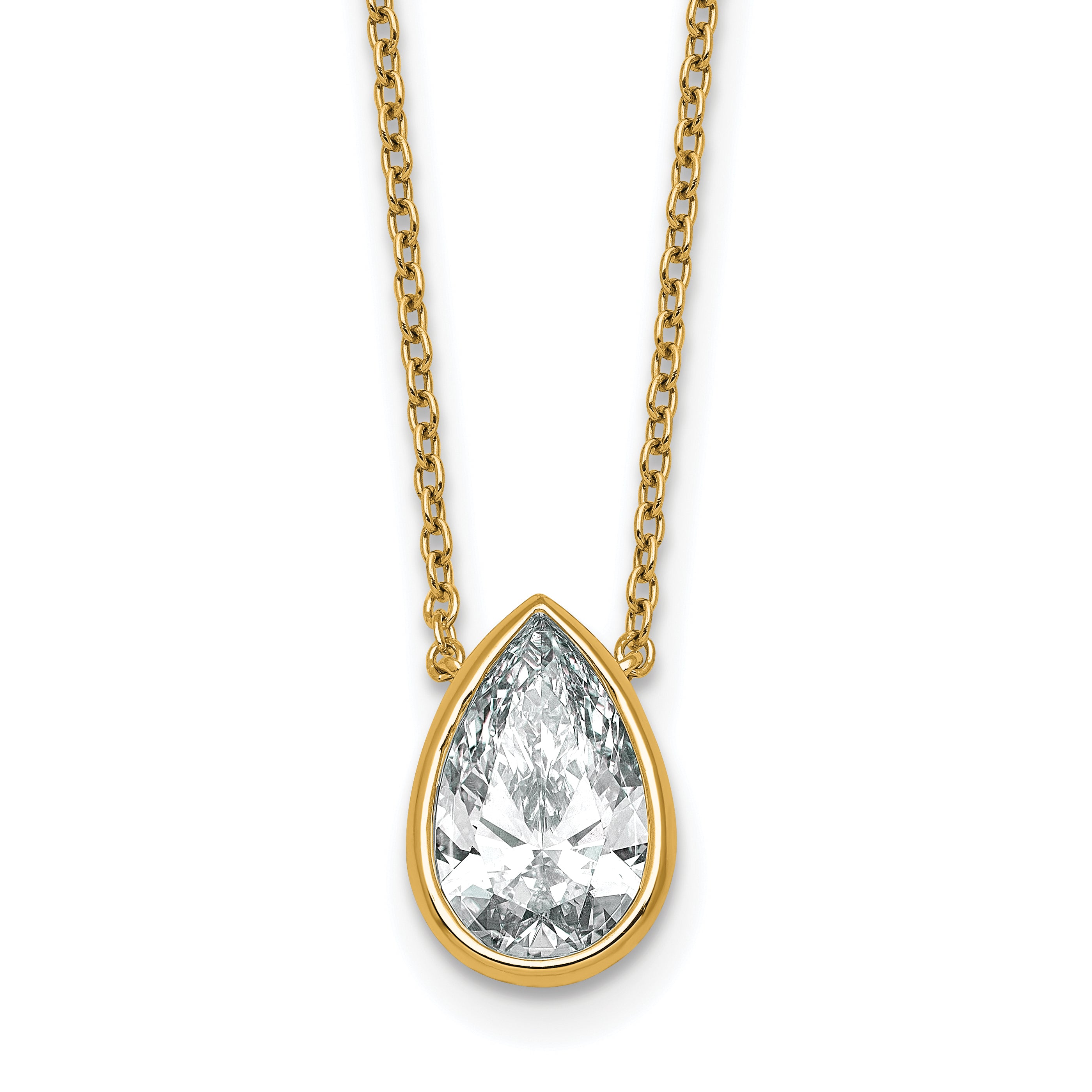 14k 2 1/2 carat Certified Lab Grown Diamond VS+ F+ Pear Complete 18 inch Bezel Set Solitaire Necklace