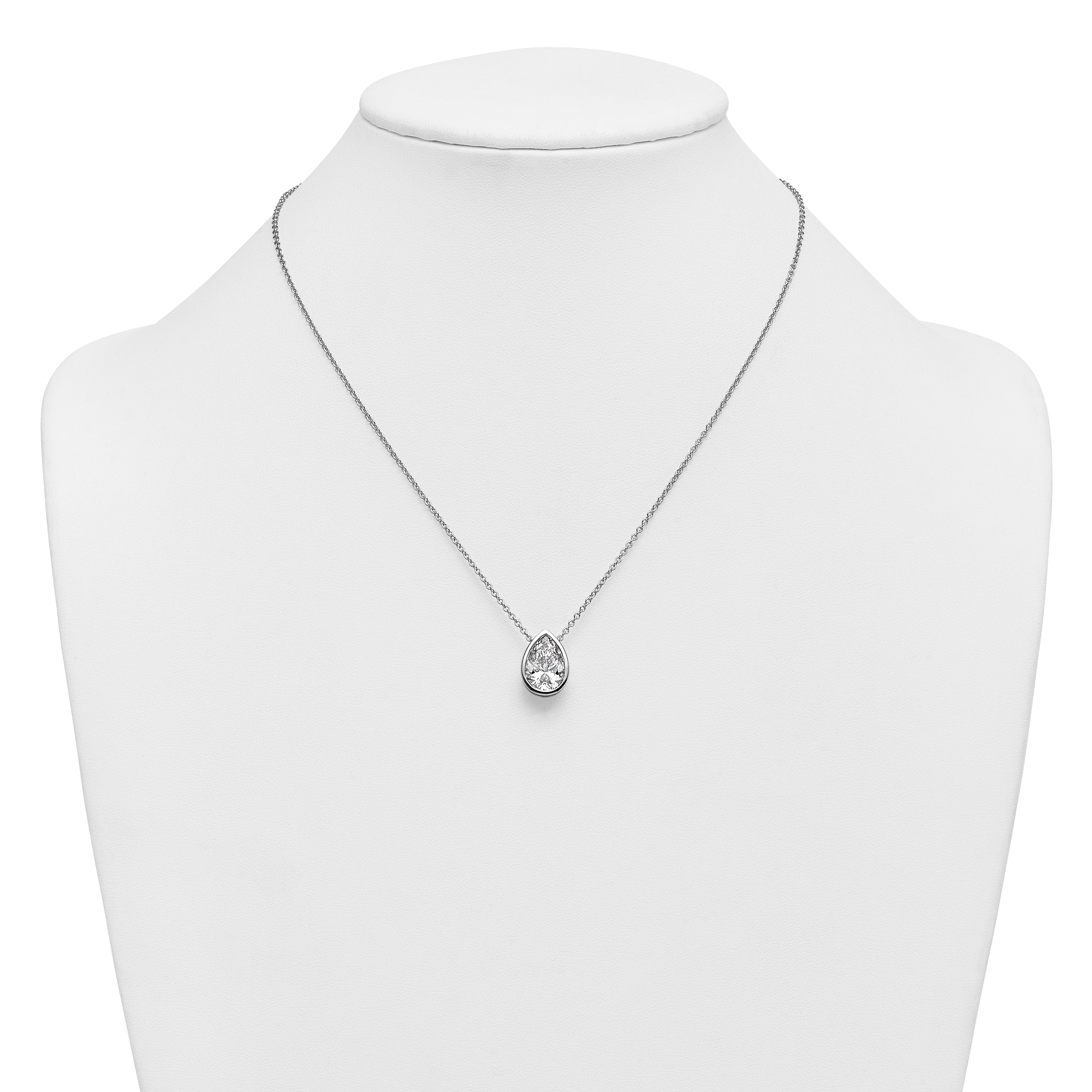 14k White Gold 4 carat Certified Lab Grown Diamond VS+ F+ Pear Complete 18 inch Bezel Set Solitaire Necklace