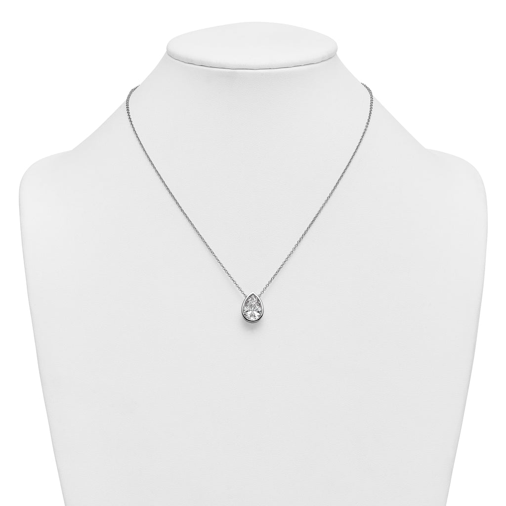 14k White Gold 4 carat Certified Lab Grown Diamond VS+ F+ Pear Complete 18 inch Bezel Set Solitaire Necklace
