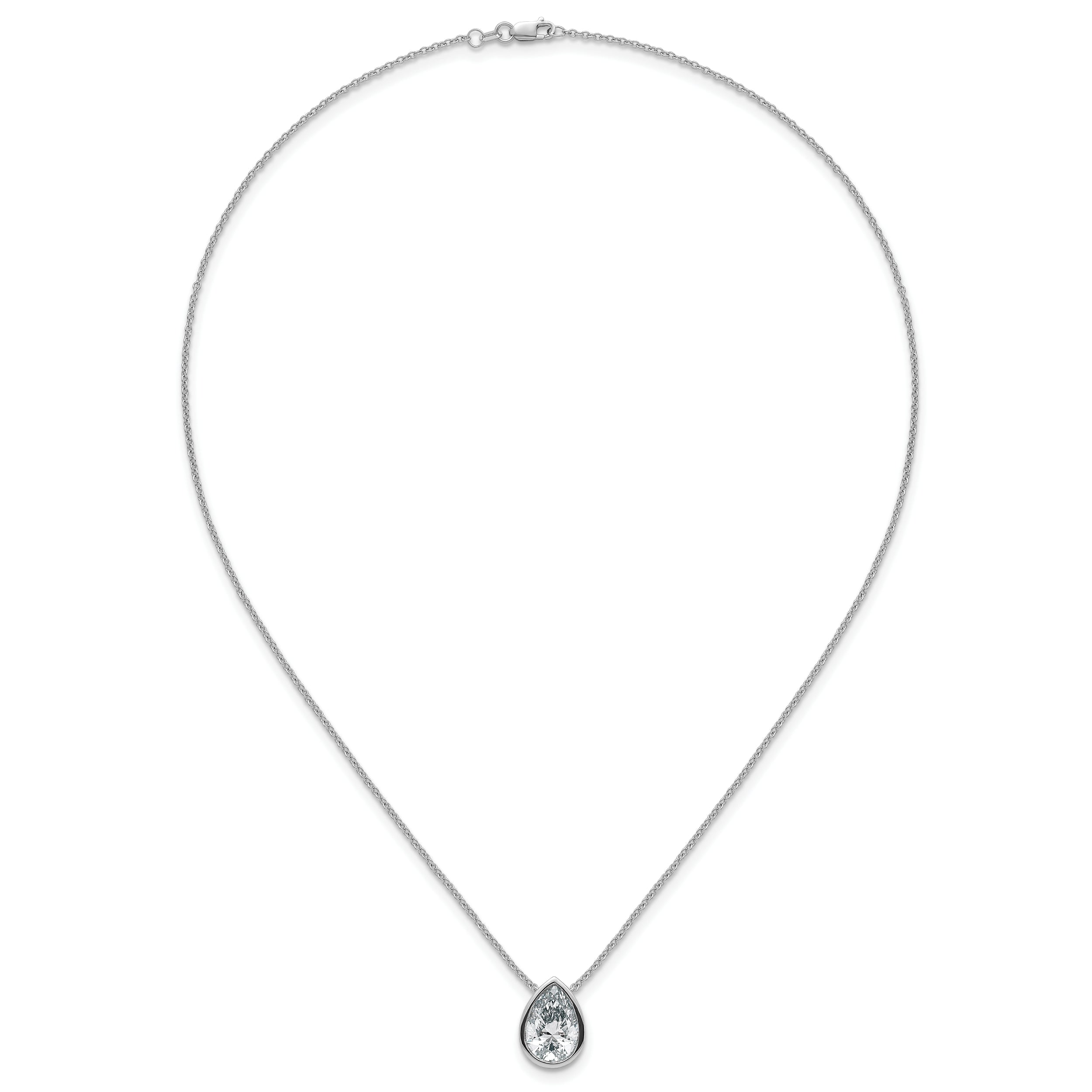 14k White Gold 4 carat Certified Lab Grown Diamond VS+ F+ Pear Complete 18 inch Bezel Set Solitaire Necklace