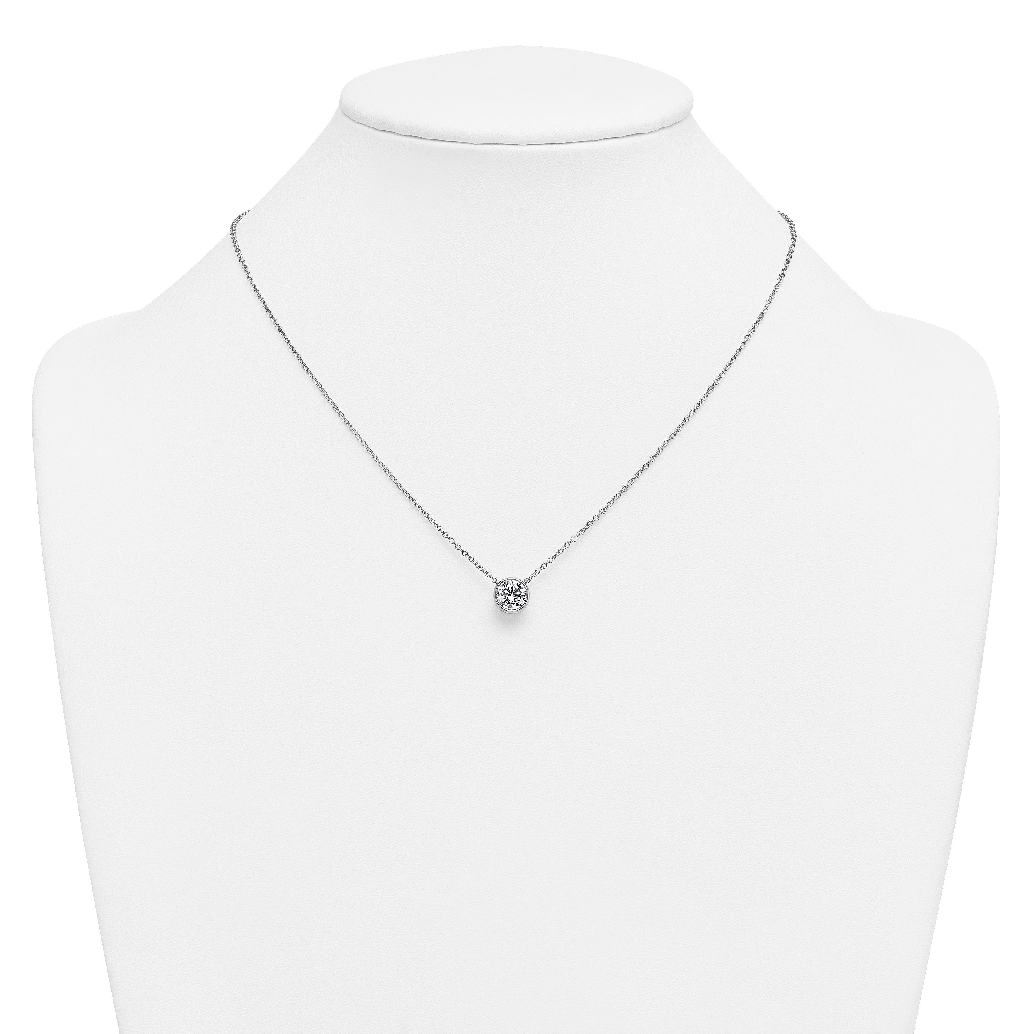 14k White Gold 1 1/2 carat Certified Lab Grown Diamond VS+ F+ Round Complete Bezel Set 18 inch Necklace