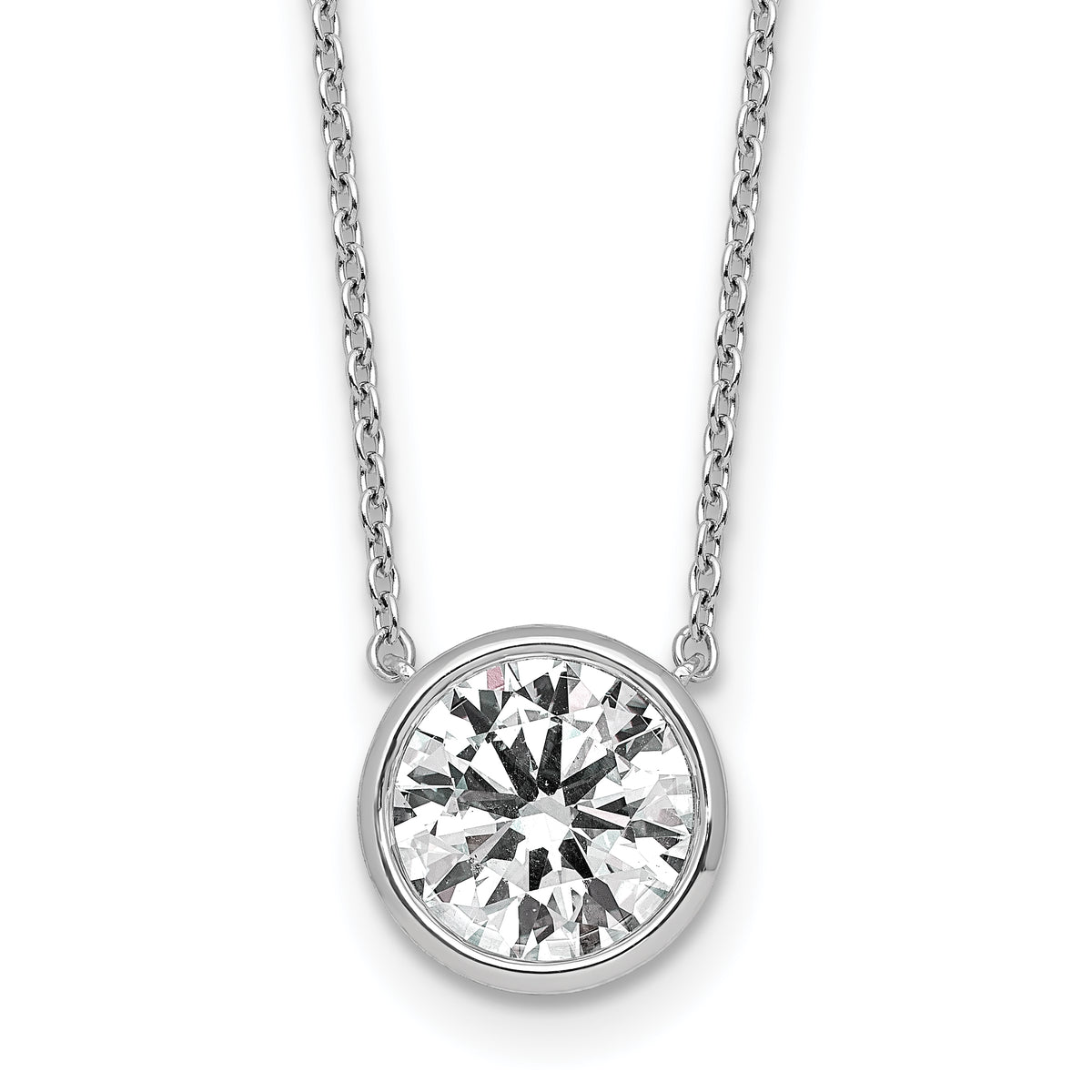 14k White Gold 2 1/2 carat Certified Lab Grown Diamond VS+ F+ Round Complete Bezel Set 18 inch Necklace