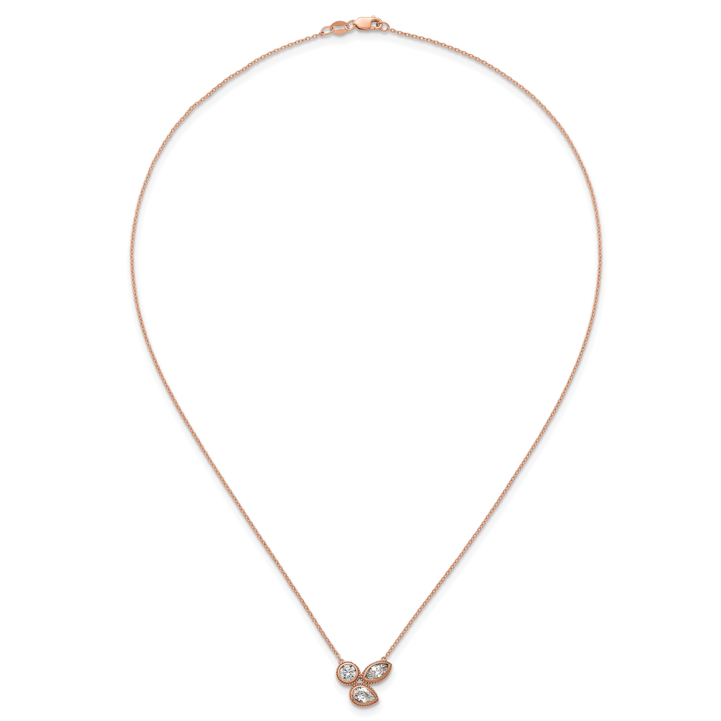 14k Rose Gold 1 carat Lab Grown Diamond VS+ F+ Complete 18 inch Three Stone Fashion Necklace