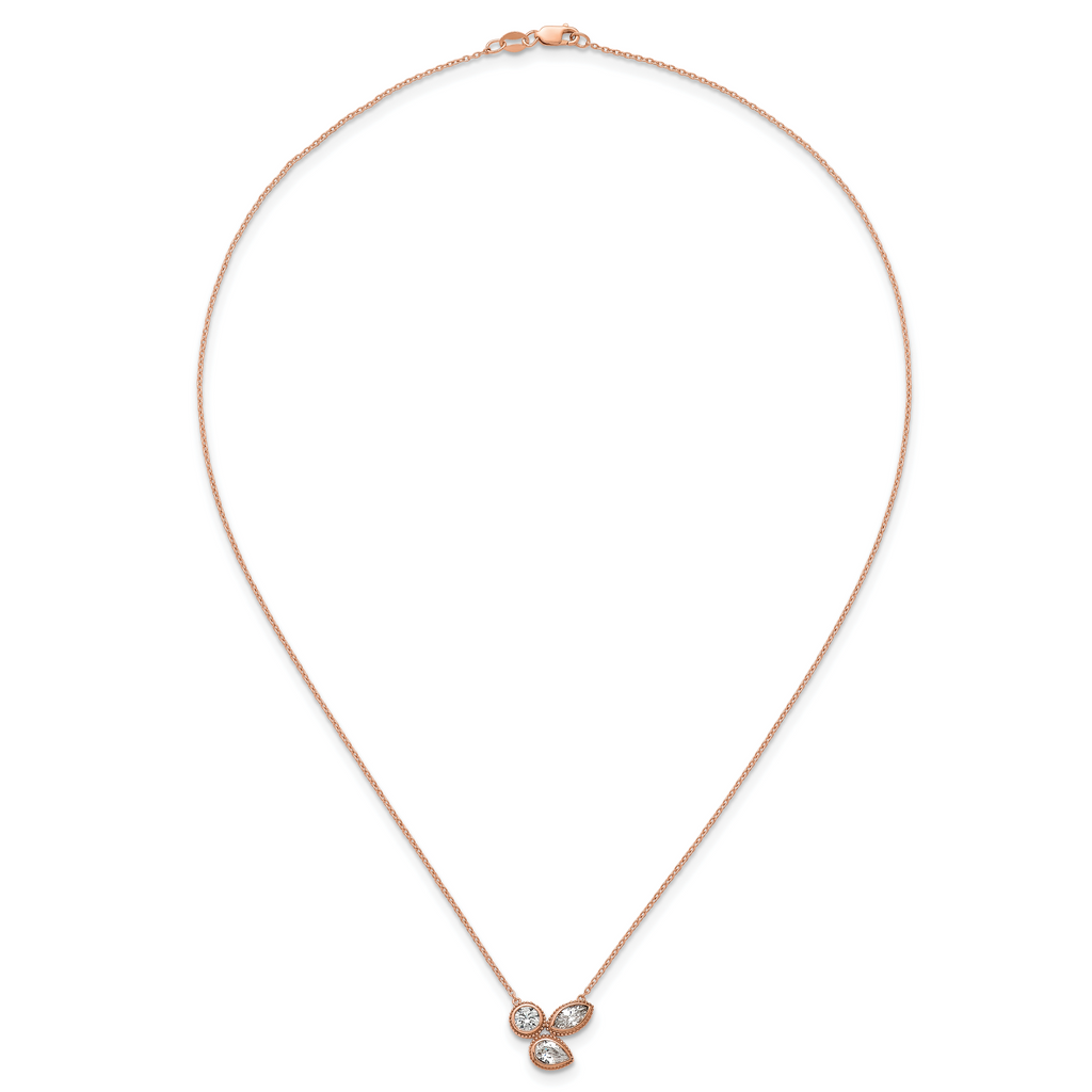14k Rose Gold 1 carat Lab Grown Diamond VS+ F+ Complete 18 inch Three Stone Fashion Necklace