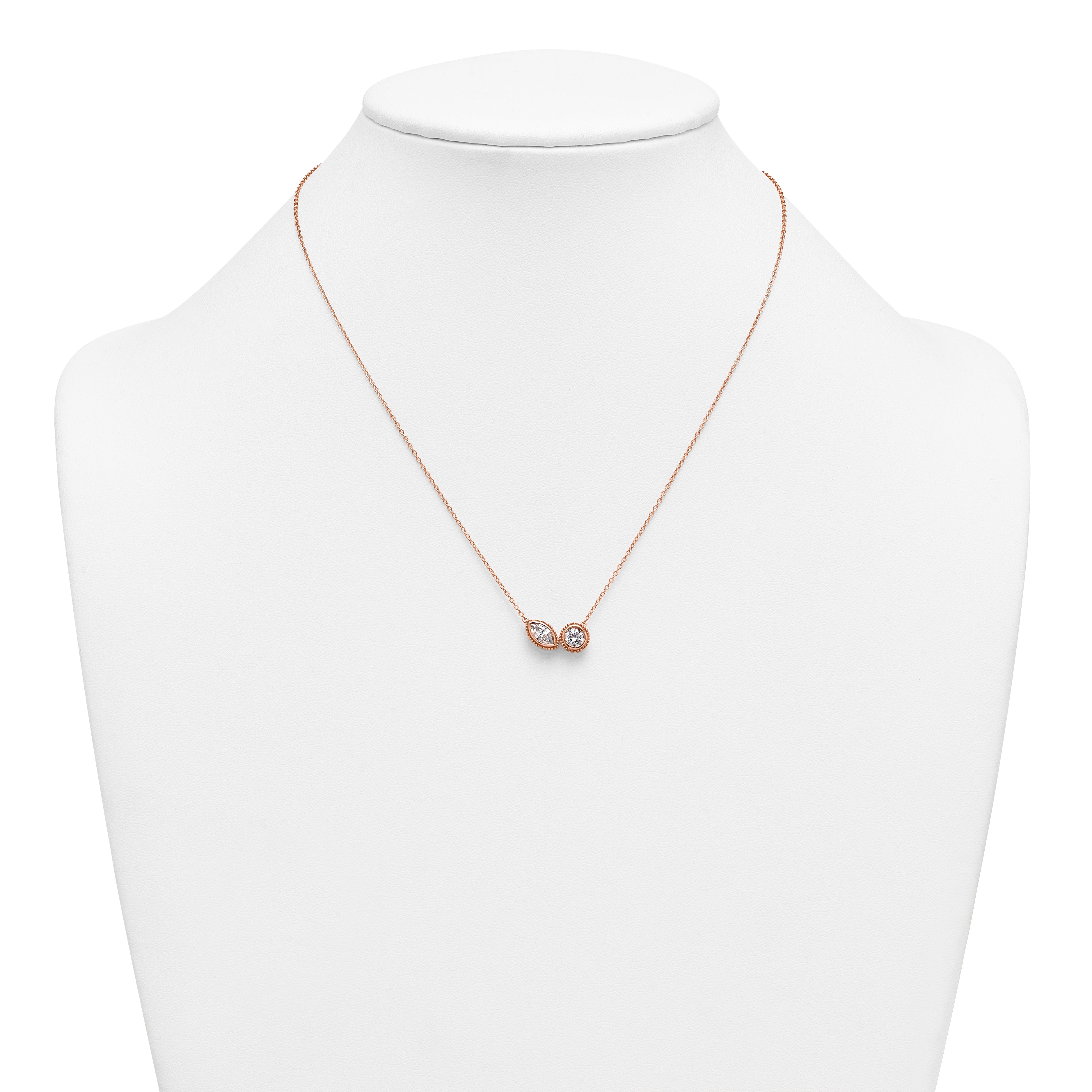14k Rose Gold 1 carat Lab Grown Diamond VS+ F+ Complete 18 inch Two Stone Fashion Necklace
