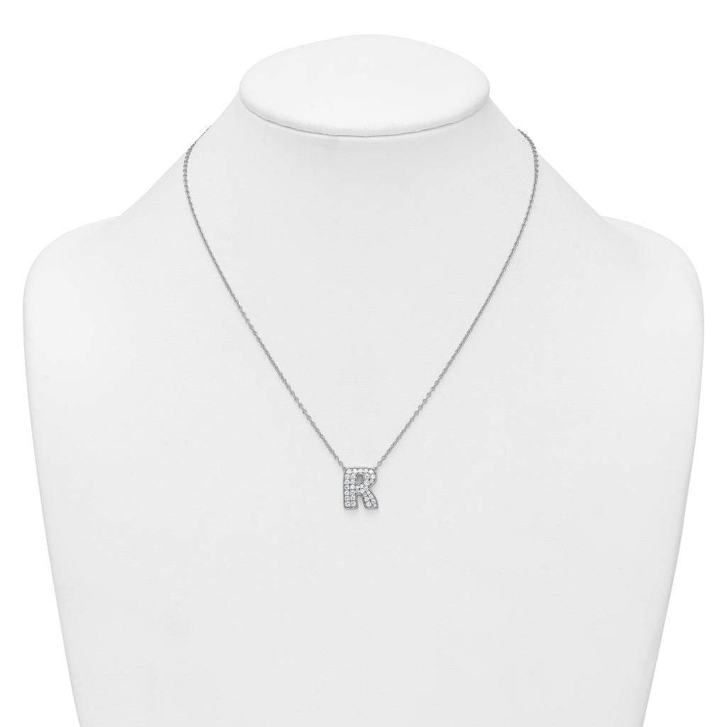 14k White Gold 5/8 carat Lab Grown Diamond VS+ F+ Complete Letter R 18 inch Initial Necklace