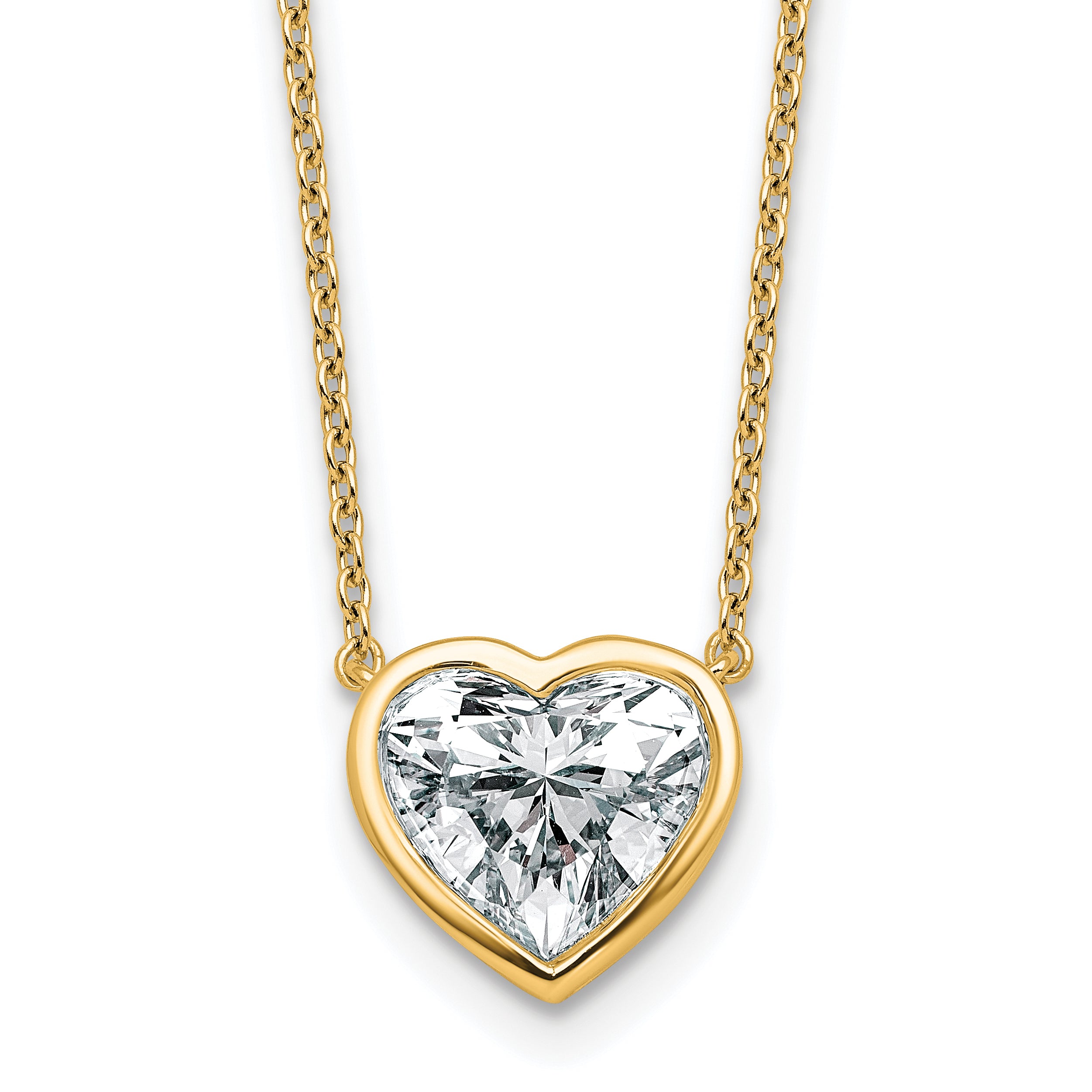 14k 2 1/2 carat Certified Lab Grown Diamond VS+ F+ Heart Complete 18 inch Bezel Set Solitaire Necklace