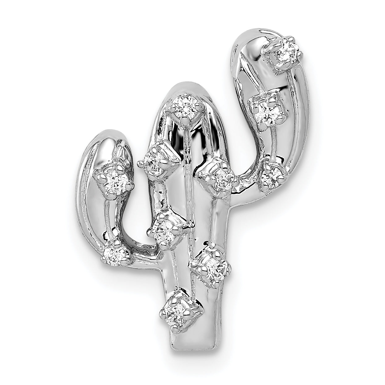 14K White Gold Polished Diamond 1/10 carat Cactus Chain Slide Pendant