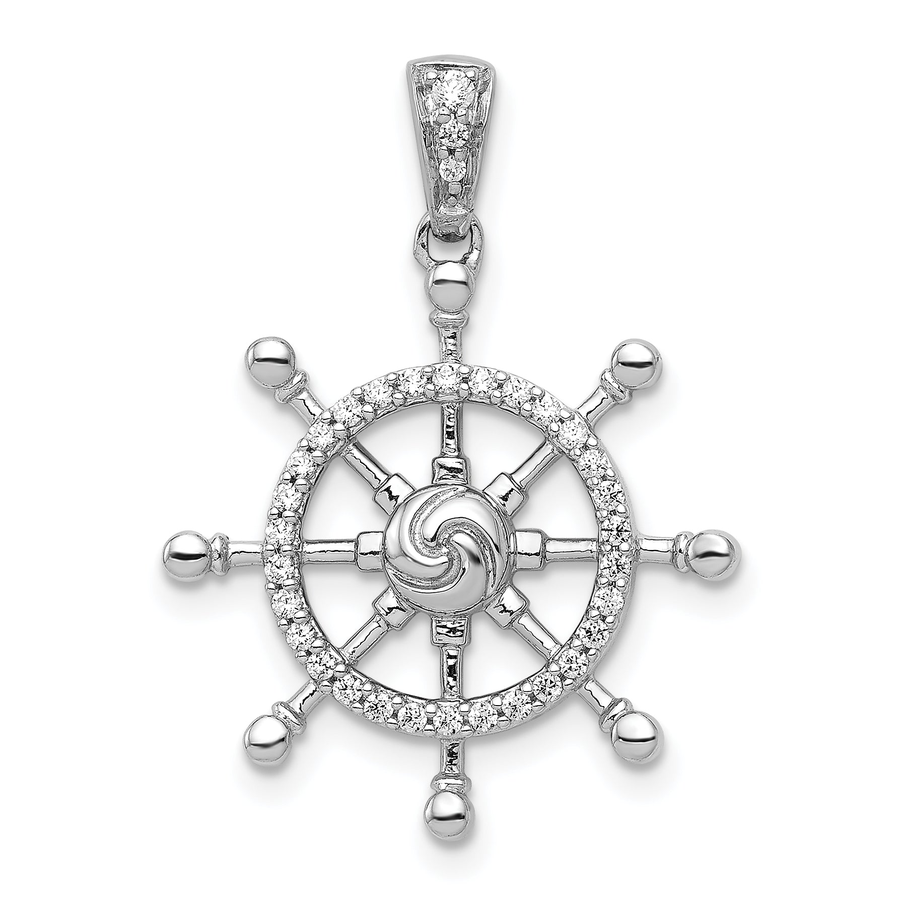 14k White Gold 1/6 carat Diamond Ship Wheel Pendant Main image