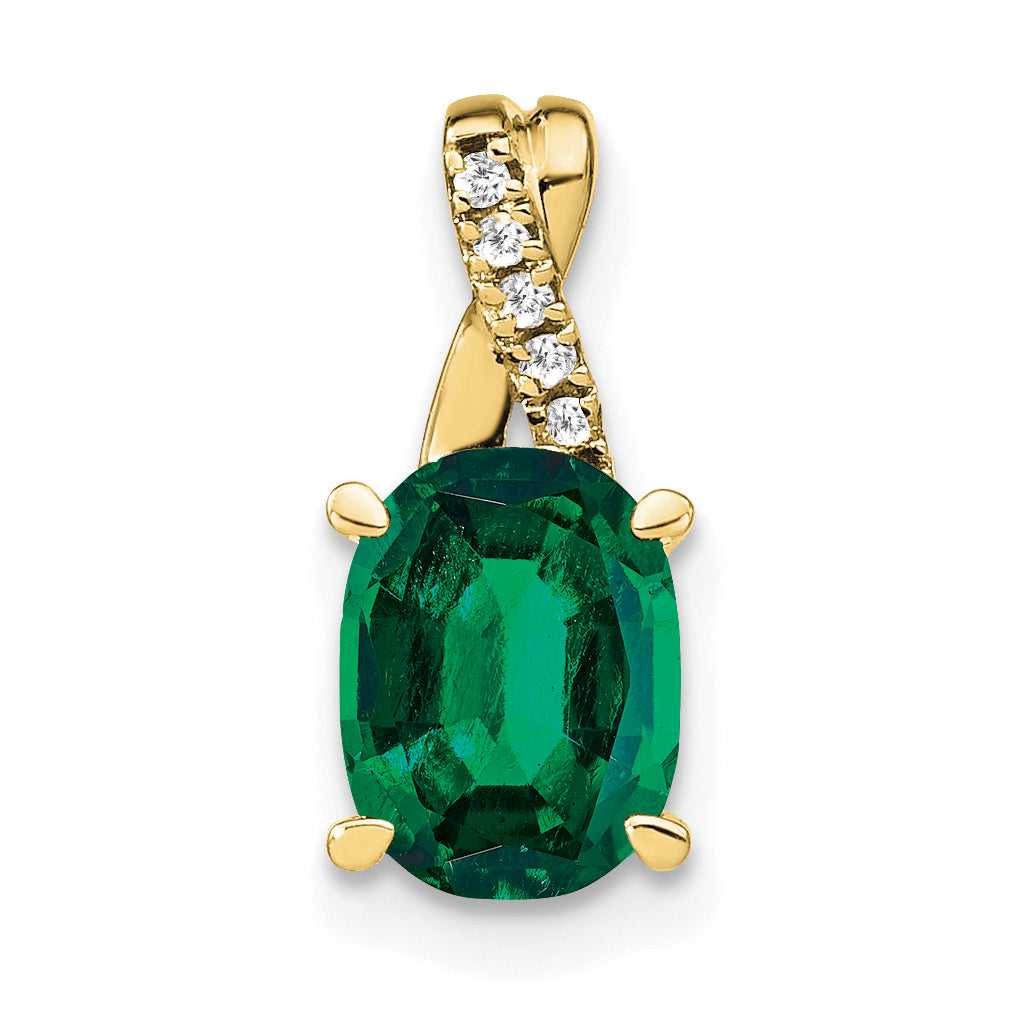 10k Oval Created Emerald and Diamond Pendant Main image