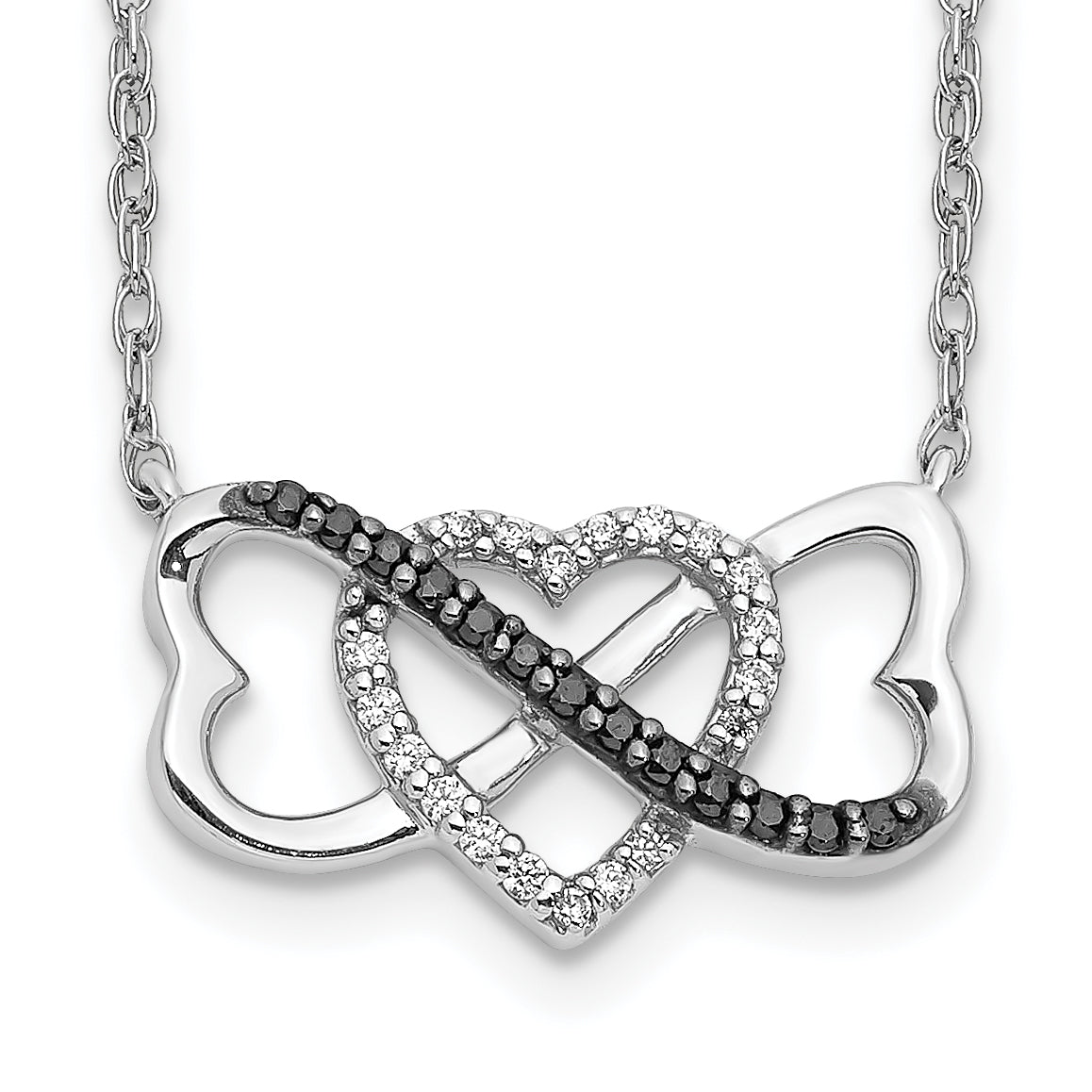 10k White Gold w/ Black and White Diamond Triple Heart 17in Necklace Main image