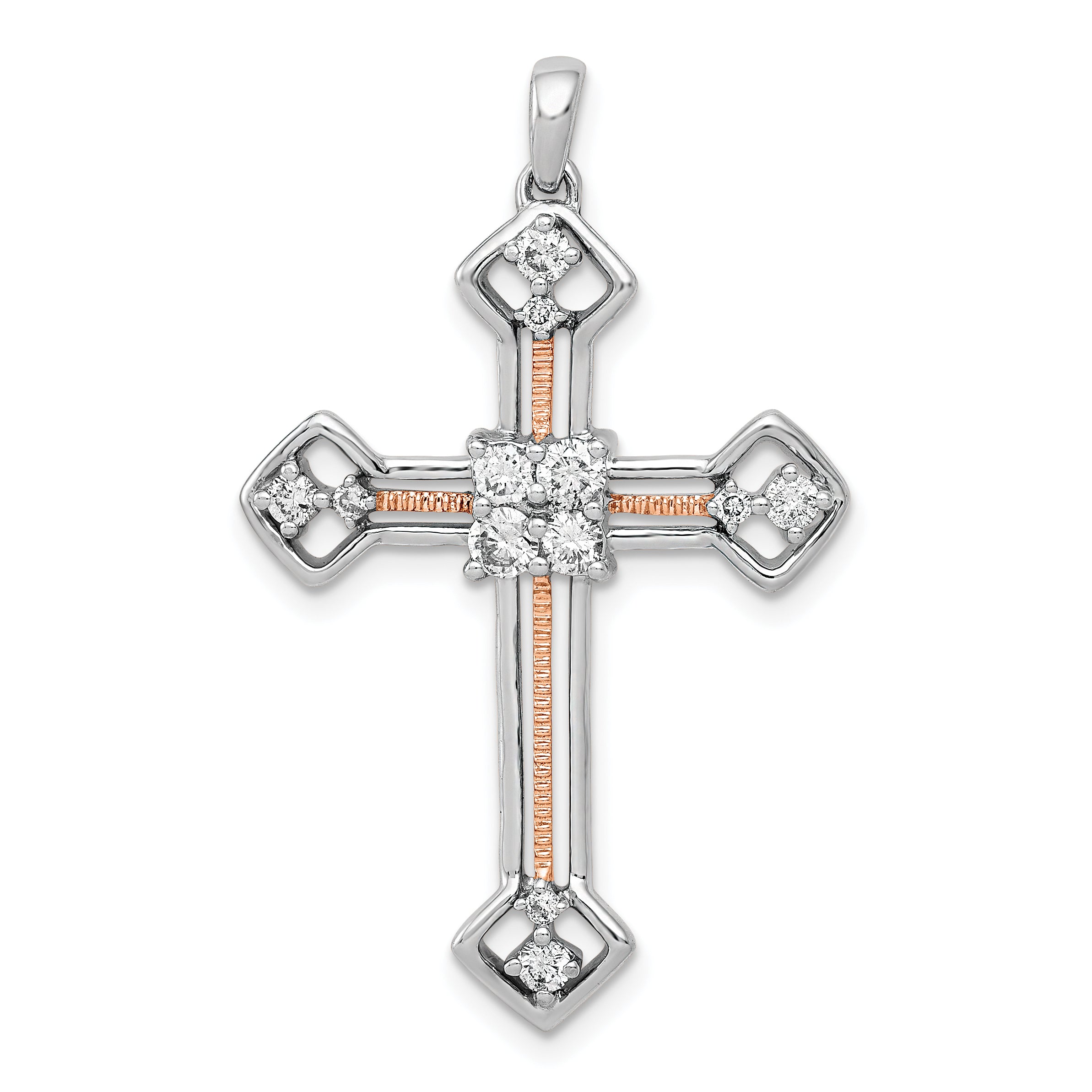 14k Two Tone Rose and White Gold 3/8 carat Lab Grown Diamond VS/SI+ G+ Complete Cross Pendant Main image