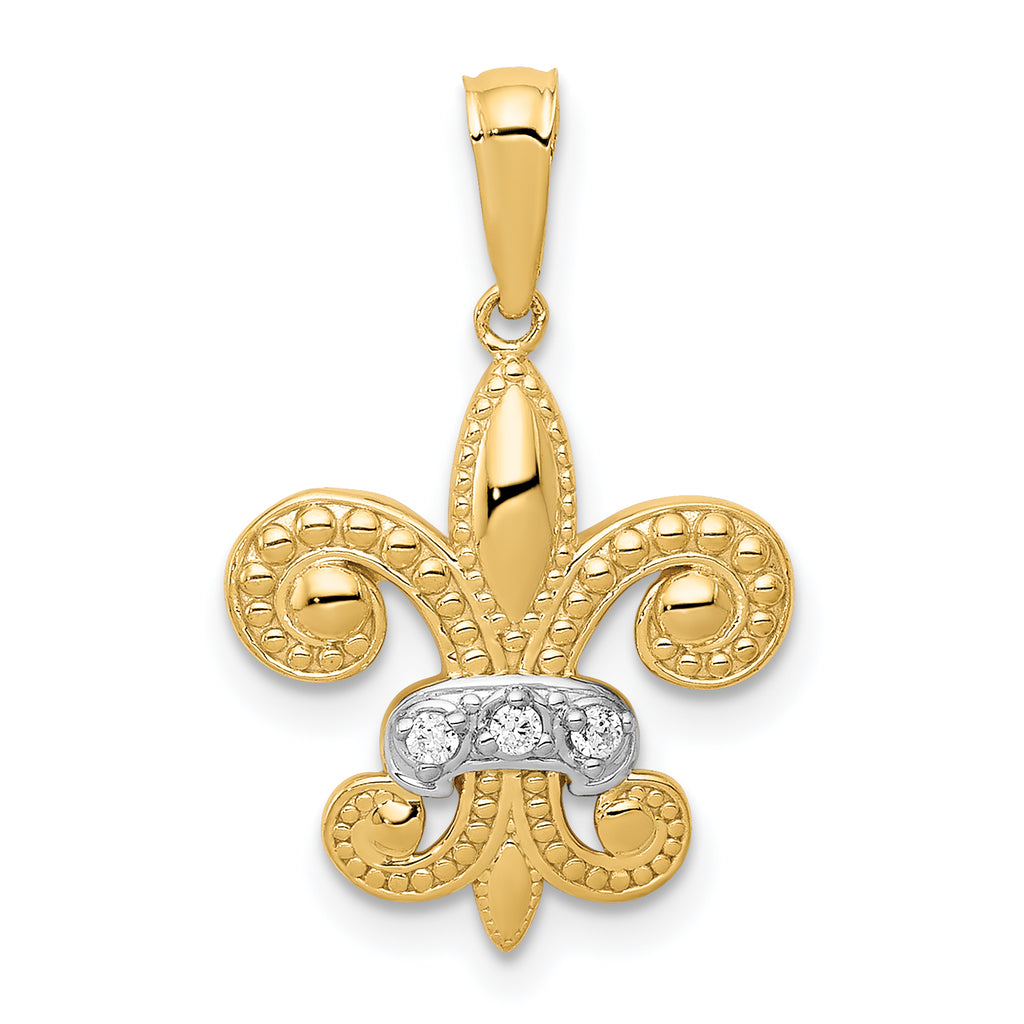 14k and White Rhodium Polished Diamond Fleur de Lis Pendant