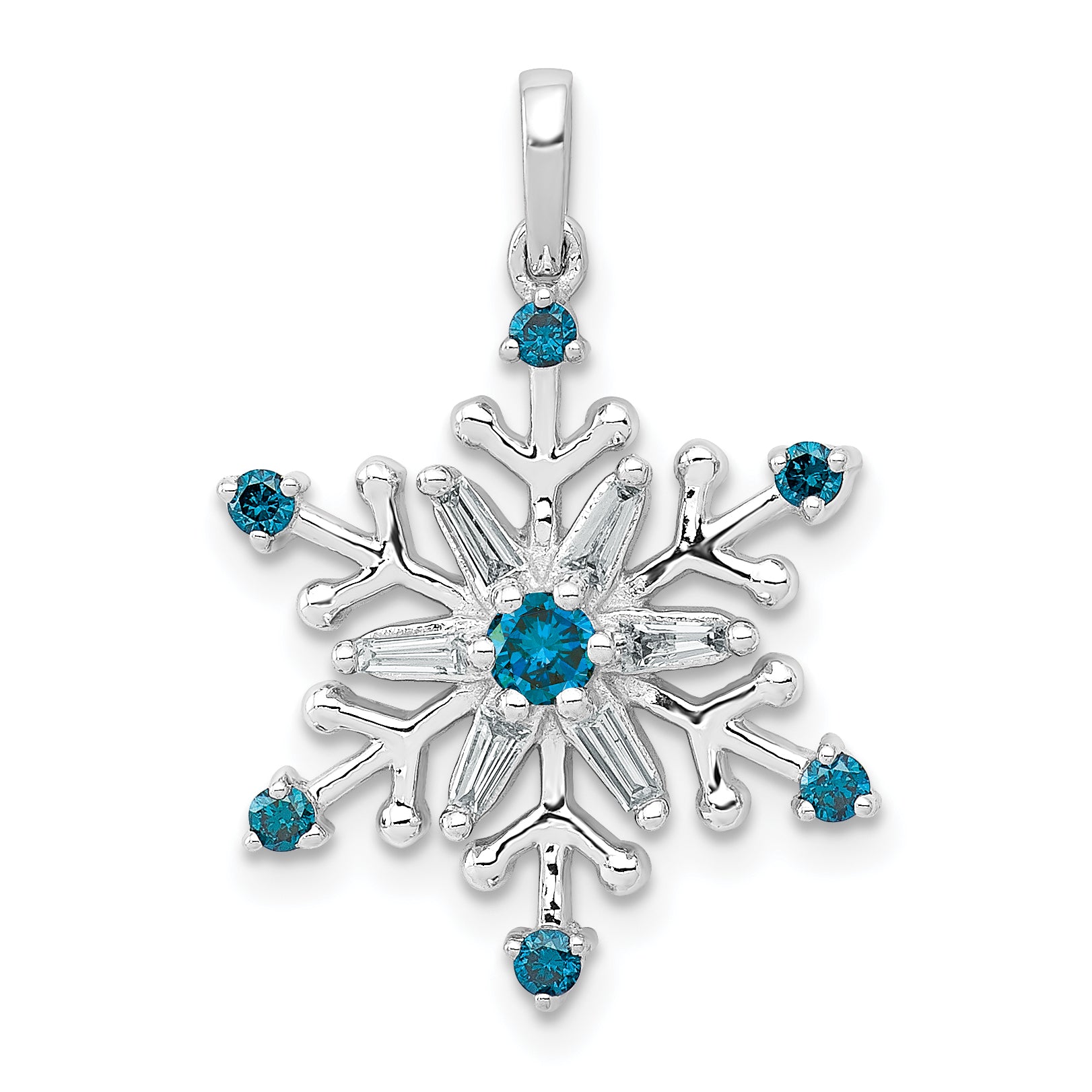 14k White Gold 1/4 carat Blue and White Diamond Snowflake Pendant Main image