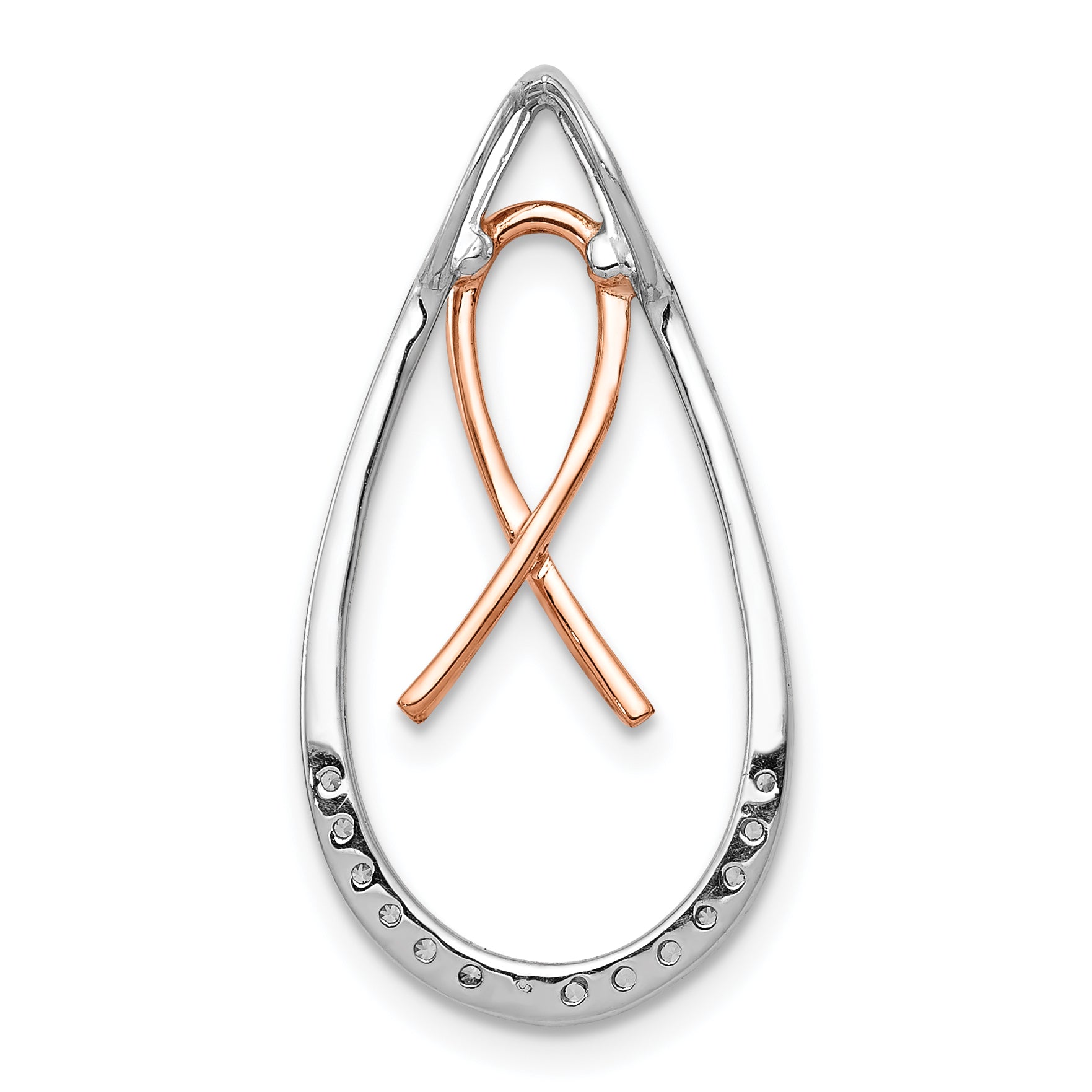 14k Two-tone 1/10 carat Diamond Awareness Ribbon Teardrop Chain Slide
