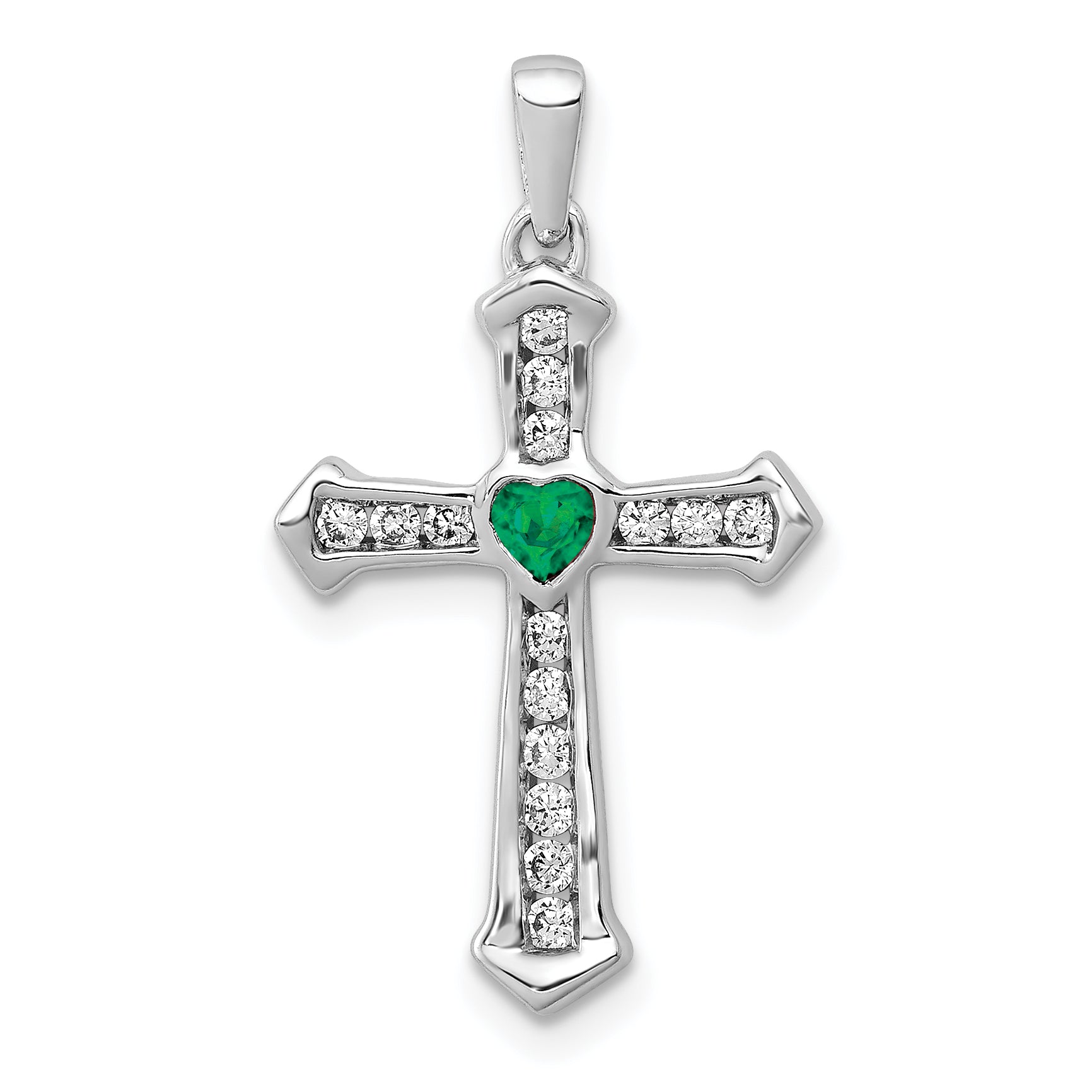 14k White Gold 1/5 carat Lab Grown Diamond VS/SI+ G+ and Lab Created Emerald Complete Cross Pendant Main image