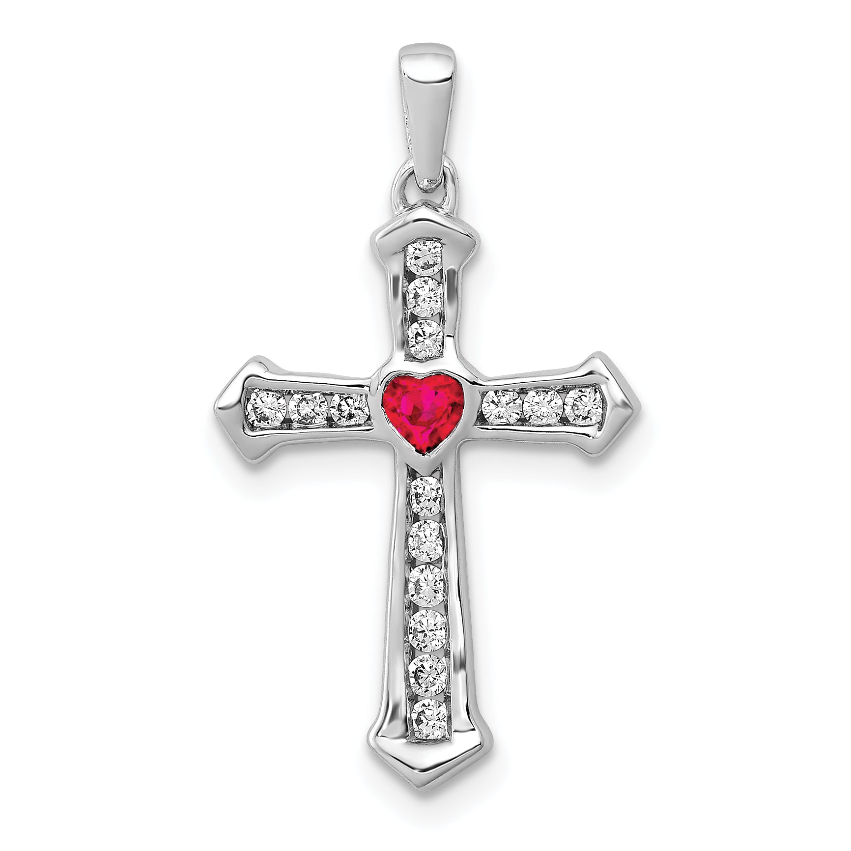 10K White Gold Ruby and Diamond Heart Cross Pendant Main image