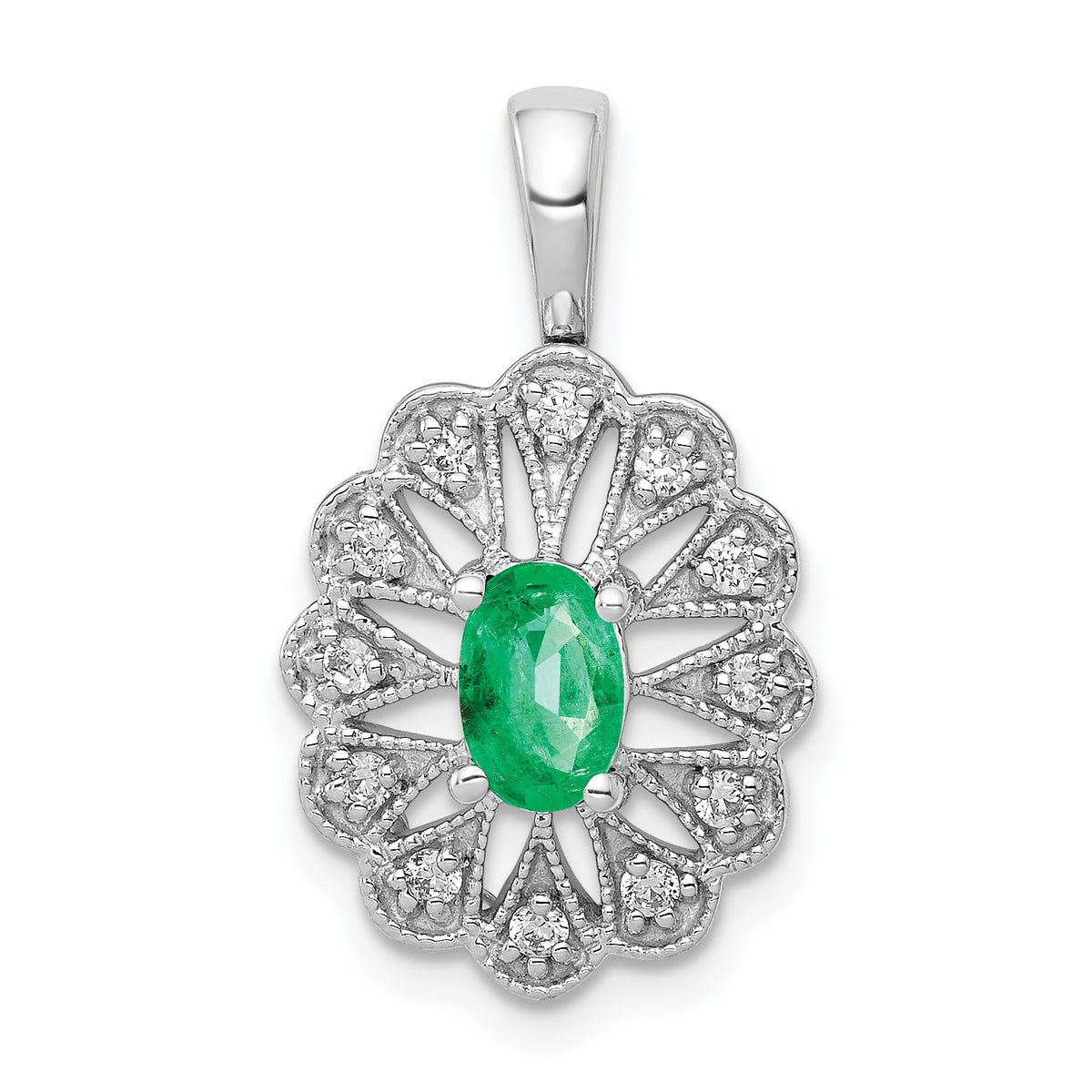 14k White Gold 1/6 carat Lab Grown Diamond VS/SI+ G+ and Lab Created Emerald Pendant