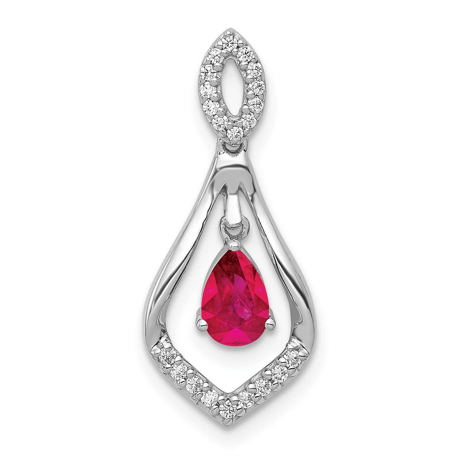 14k White Gold 1/10 carat Lab Grown Diamond VS/SI+ G+ and Lab Created Ruby Dangle Pendant Main image