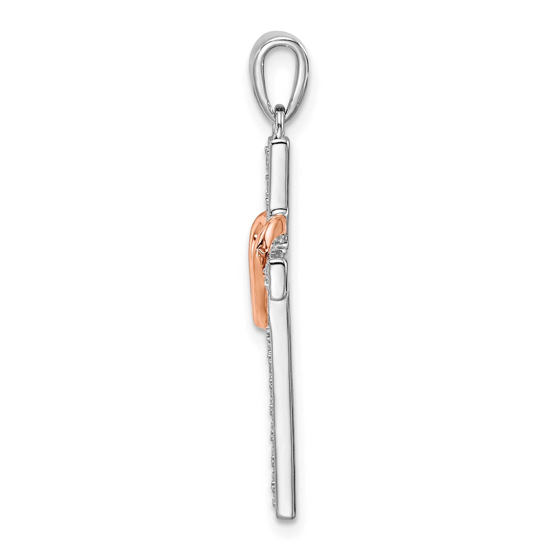 14k Two Tone Rose and White Gold 1/8 carat Lab Grown Diamond VS/SI+ G+ Complete Cross with Heart Pendant Secondary image