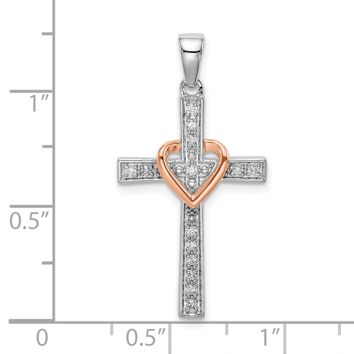 14k Two Tone Rose and White Gold 1/8 carat Lab Grown Diamond VS/SI+ G+ Complete Cross with Heart Pendant