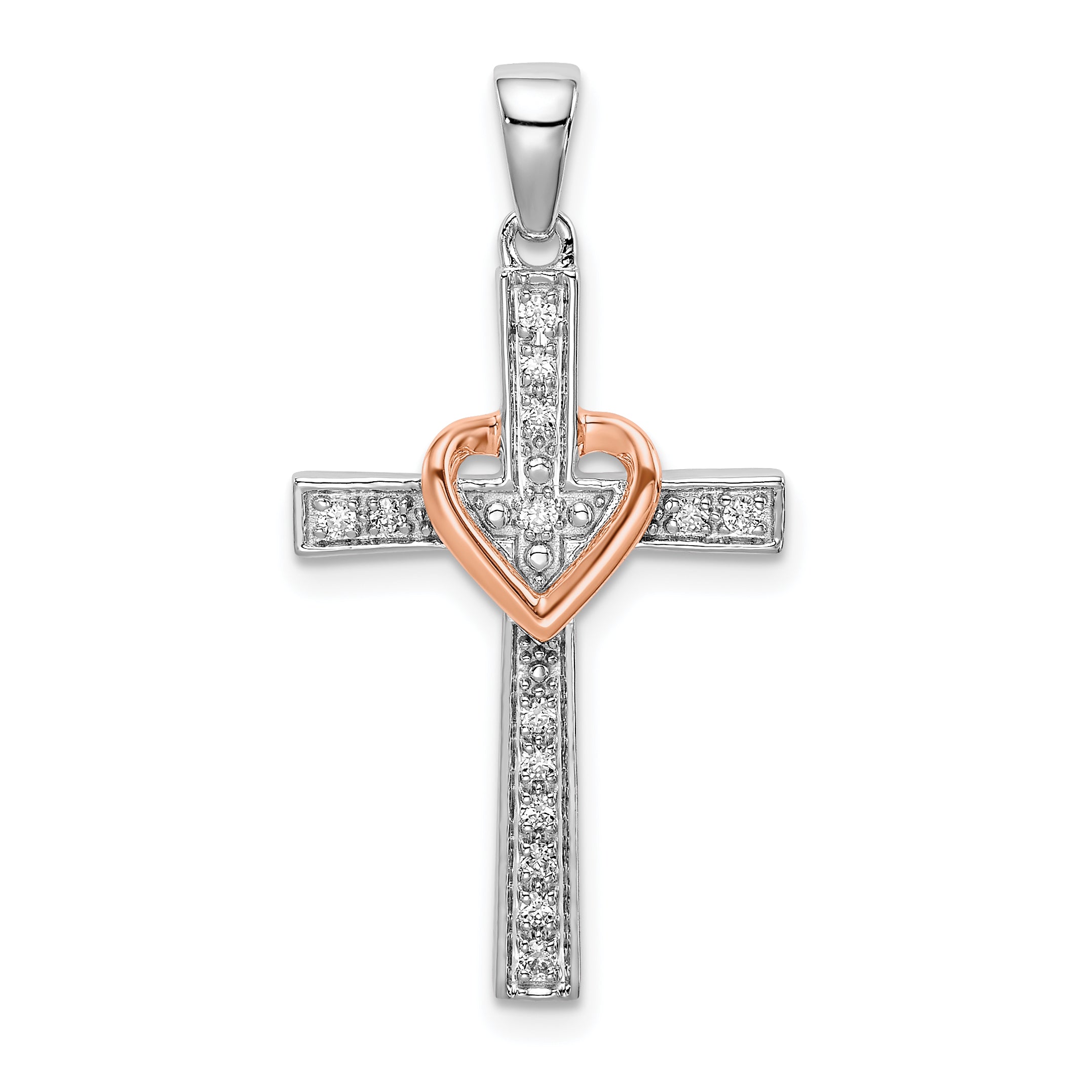14k Two Tone Rose and White Gold 1/8 carat Lab Grown Diamond VS/SI+ G+ Complete Cross with Heart Pendant Main image