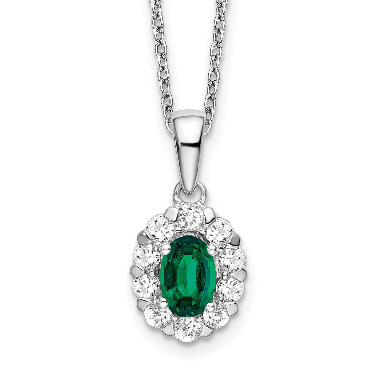 14k White Gold 1/2 carat Lab Grown Diamond VS/SI+ G+ and Oval Lab Created Emerald Complete 18 inch Halo Necklace Main image