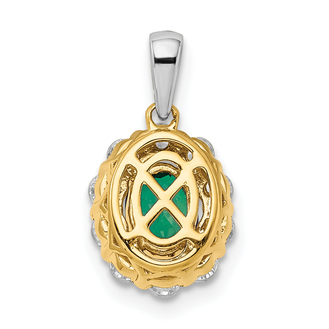 14k Two-Tone 1/2 carat Lab Grown Diamond VS/SI+ G+ and Lab Created Emerald Halo Pendant