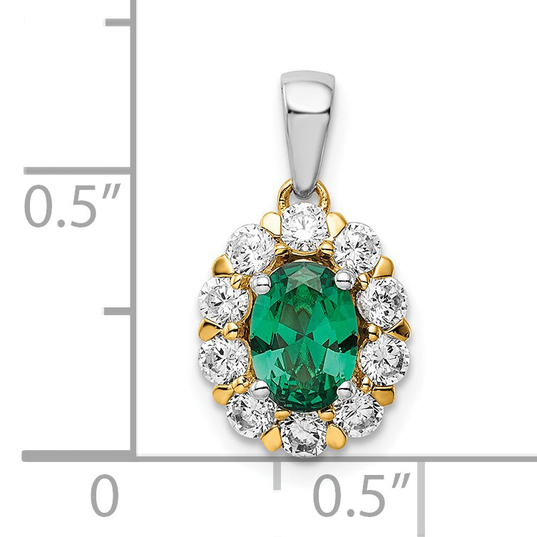 14k Two-Tone 1/2 carat Lab Grown Diamond VS/SI+ G+ and Lab Created Emerald Halo Pendant
