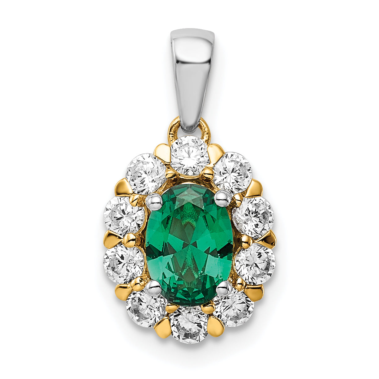14k Two-Tone 1/2 carat Lab Grown Diamond VS/SI+ G+ and Lab Created Emerald Halo Pendant Main image