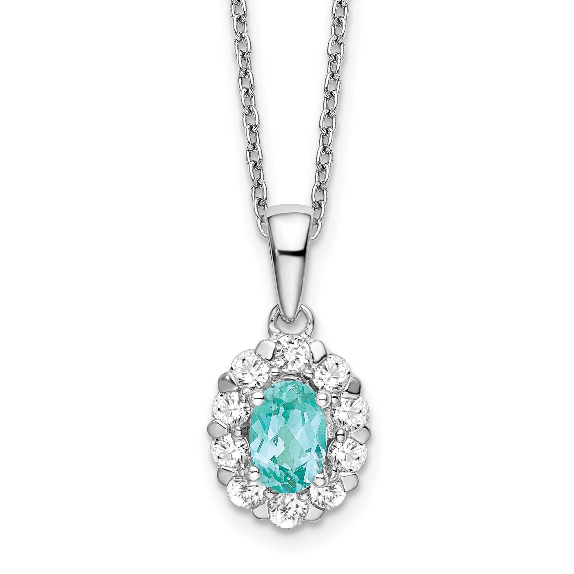 Pure Serenity 14k White Gold 5/8 carat Lab Grown Diamond VS/SI+ G+ and Lab Created Paraiba 18 inch Oval Halo Pendant Necklace