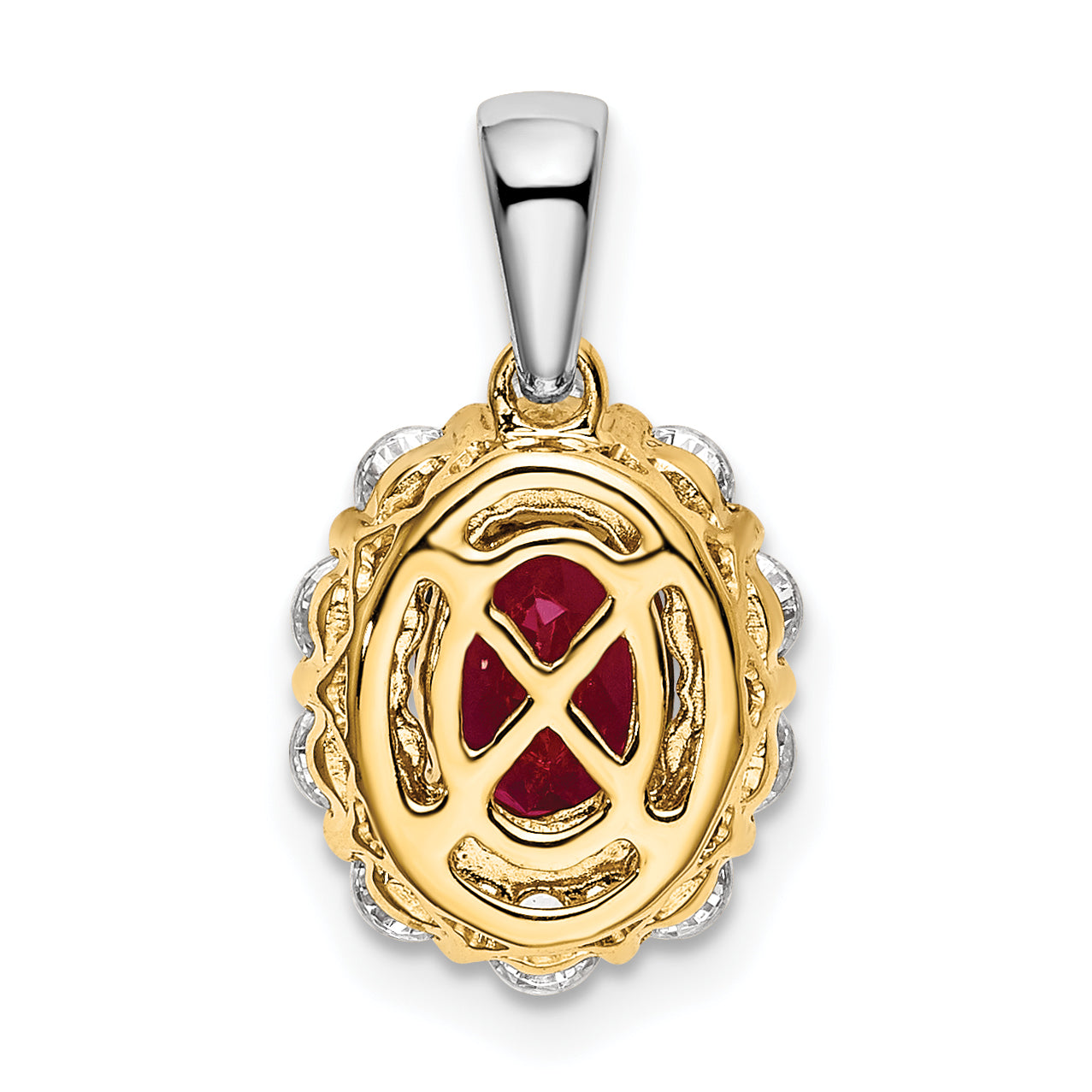 14k Two-Tone 1/2 carat Lab Grown Diamond VS/SI+ G+ and Lab Created Ruby Halo Pendant