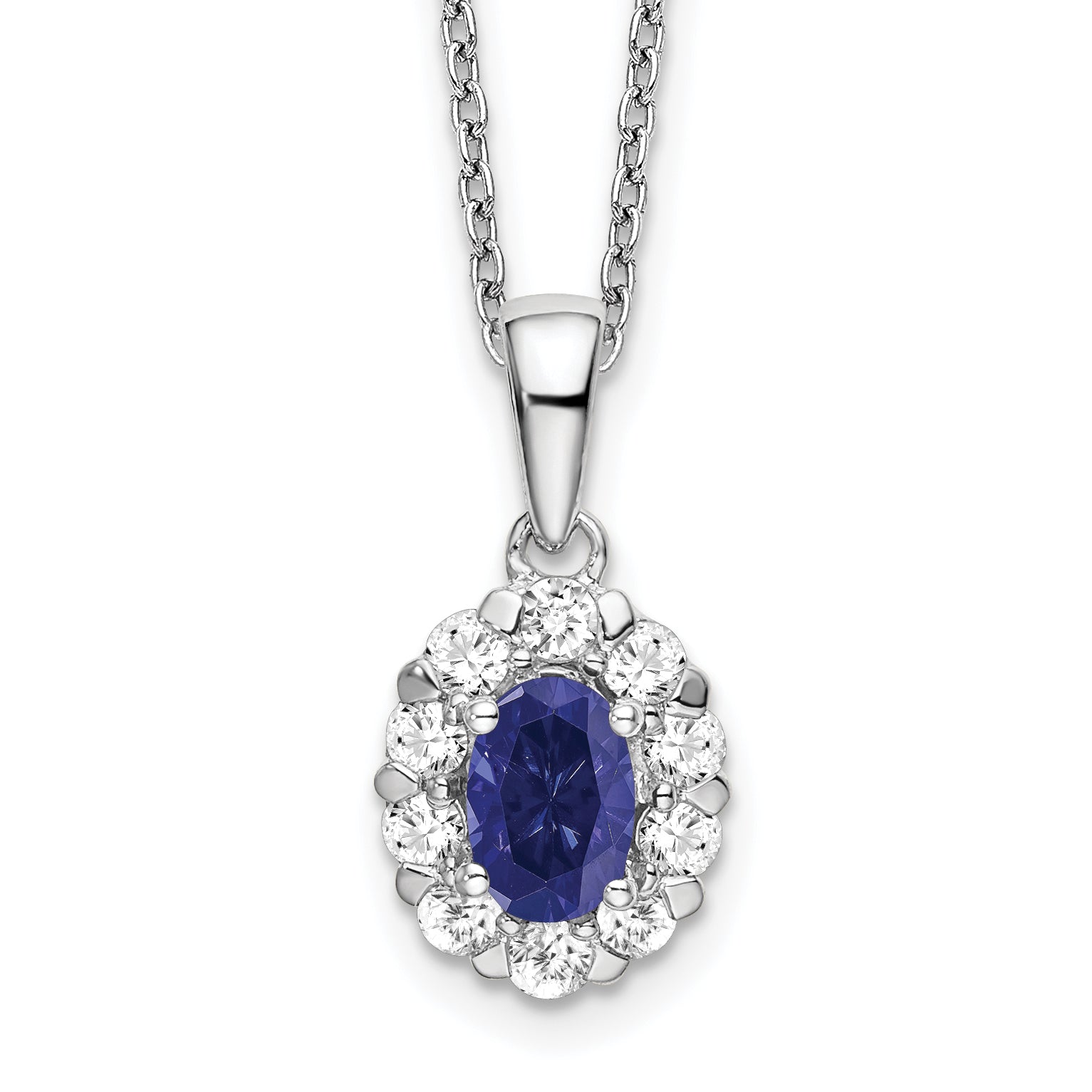 14k White Gold 1/2 carat Lab Grown Diamond VS/SI+ G+ and Oval Lab Created Blue Sapphire Complete 18 inch Halo Necklace Main image