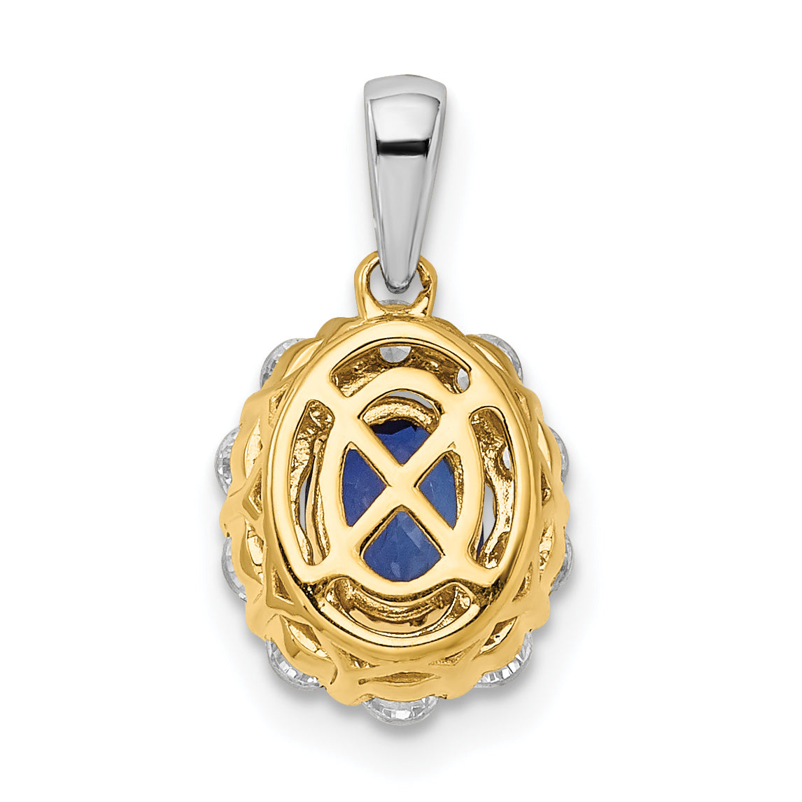 14k Two-Tone 1/2 carat Lab Grown Diamond VS/SI+ G+ and Lab Created Blue Sapphire Halo Pendant